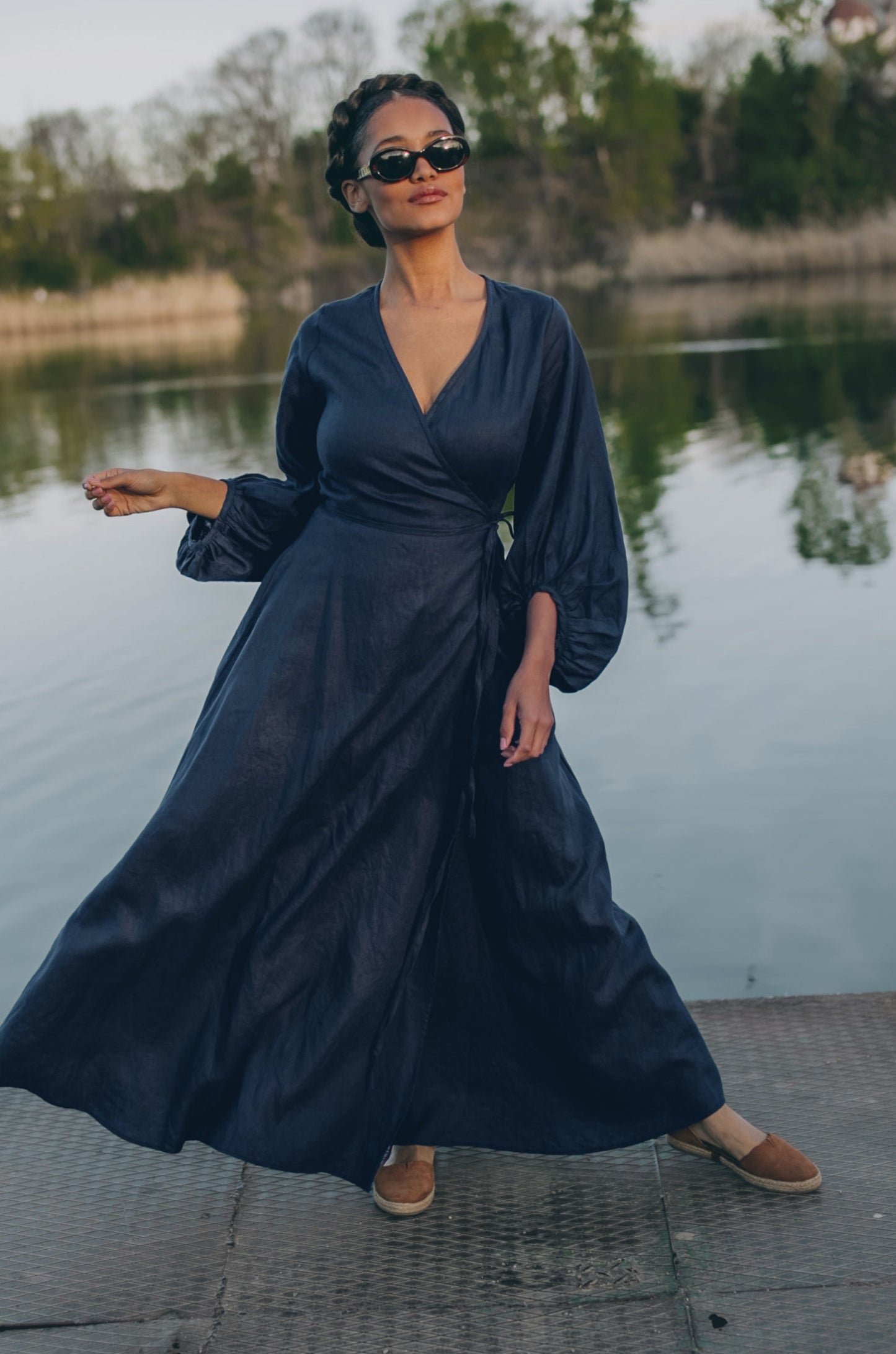 Linen Maxi Dress with Puff Sleeves, VisibleArtShop