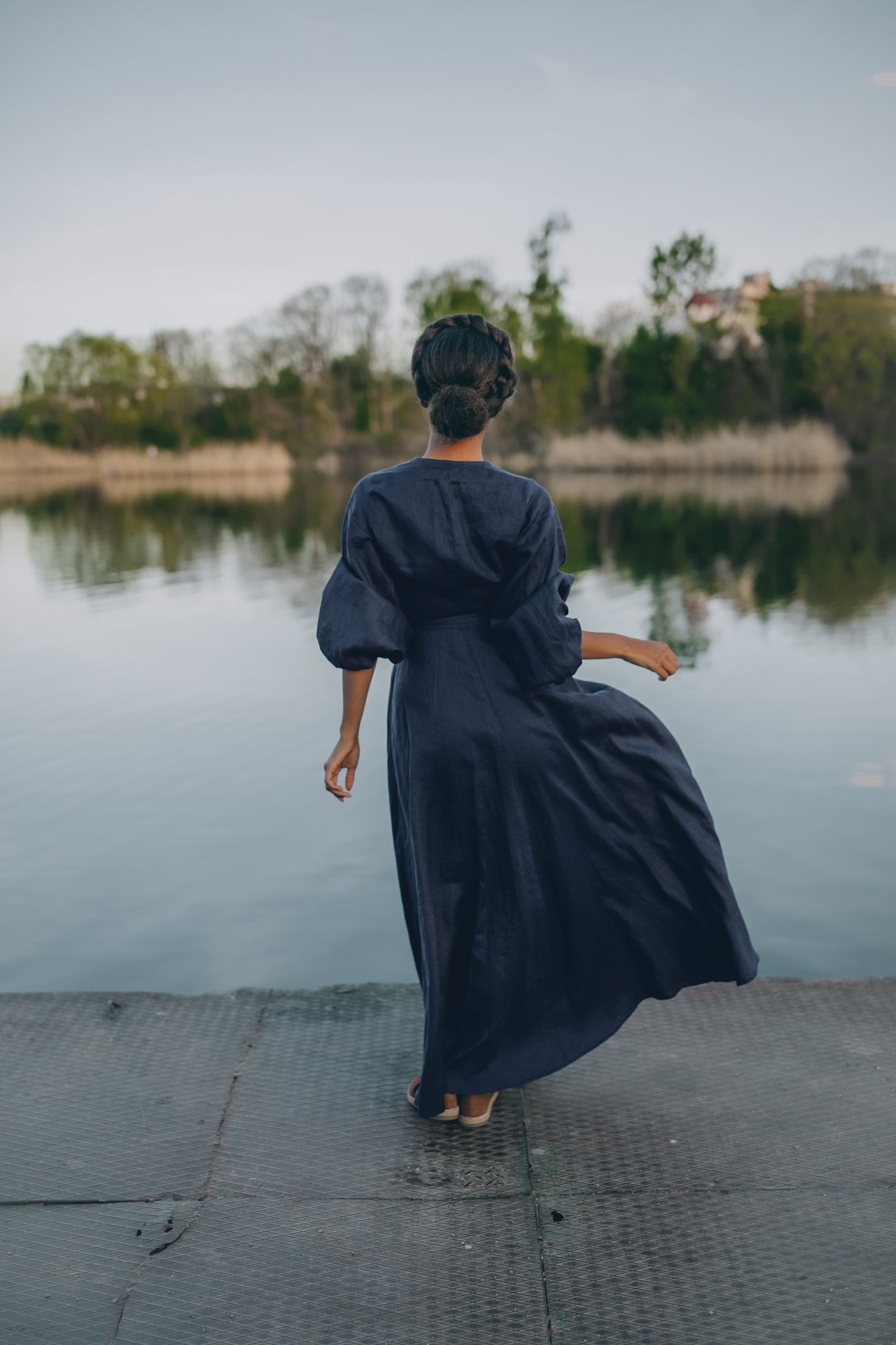 Linen Maxi Dress with Puff Sleeves, VisibleArtShop