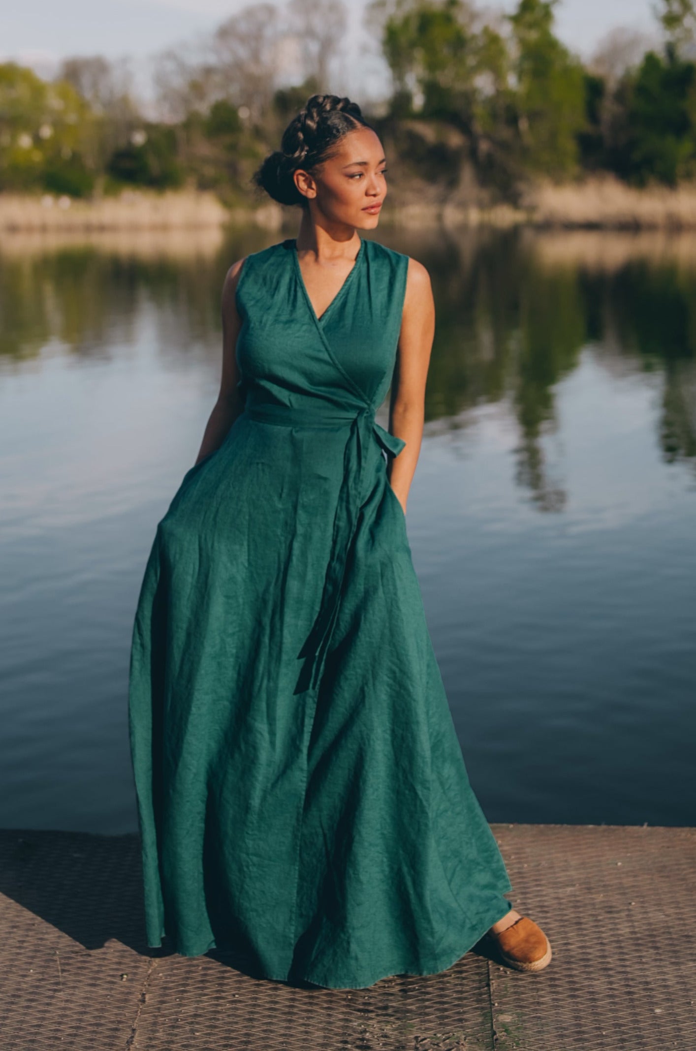 Sleeveless Linen Maxi Dress with Tie Waist, VisibleArtShop