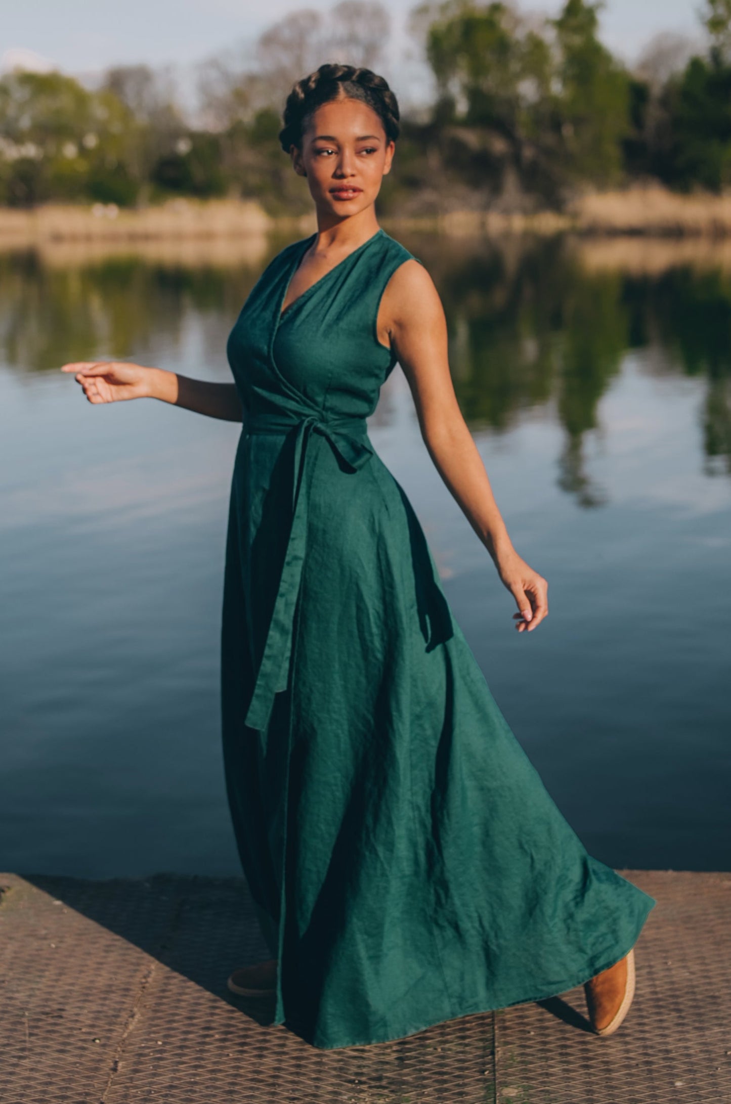 Sleeveless Linen Maxi Dress with Tie Waist, VisibleArtShop