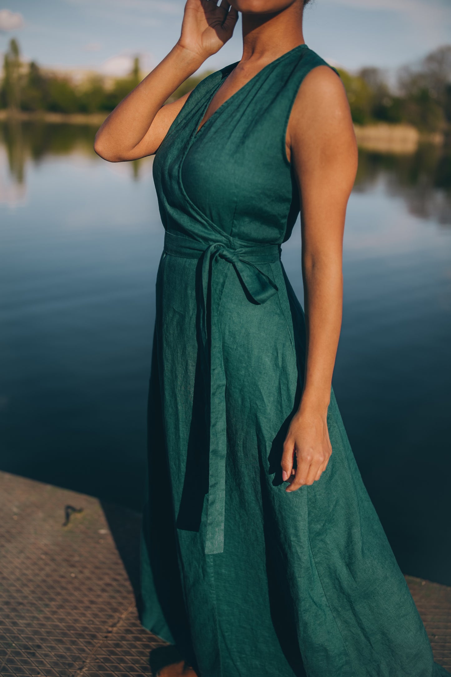 Sleeveless Linen Maxi Dress with Tie Waist, VisibleArtShop