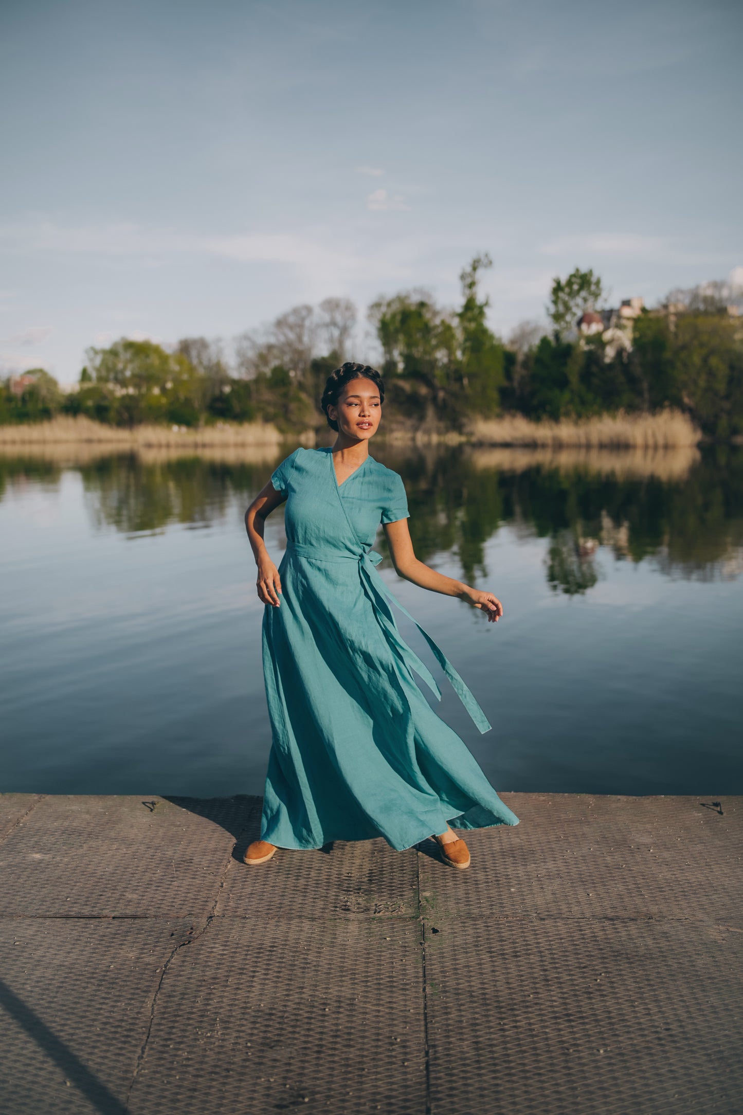 Short Sleeve Linen Maxi Dress with Tie Waist, VisibleArtShop