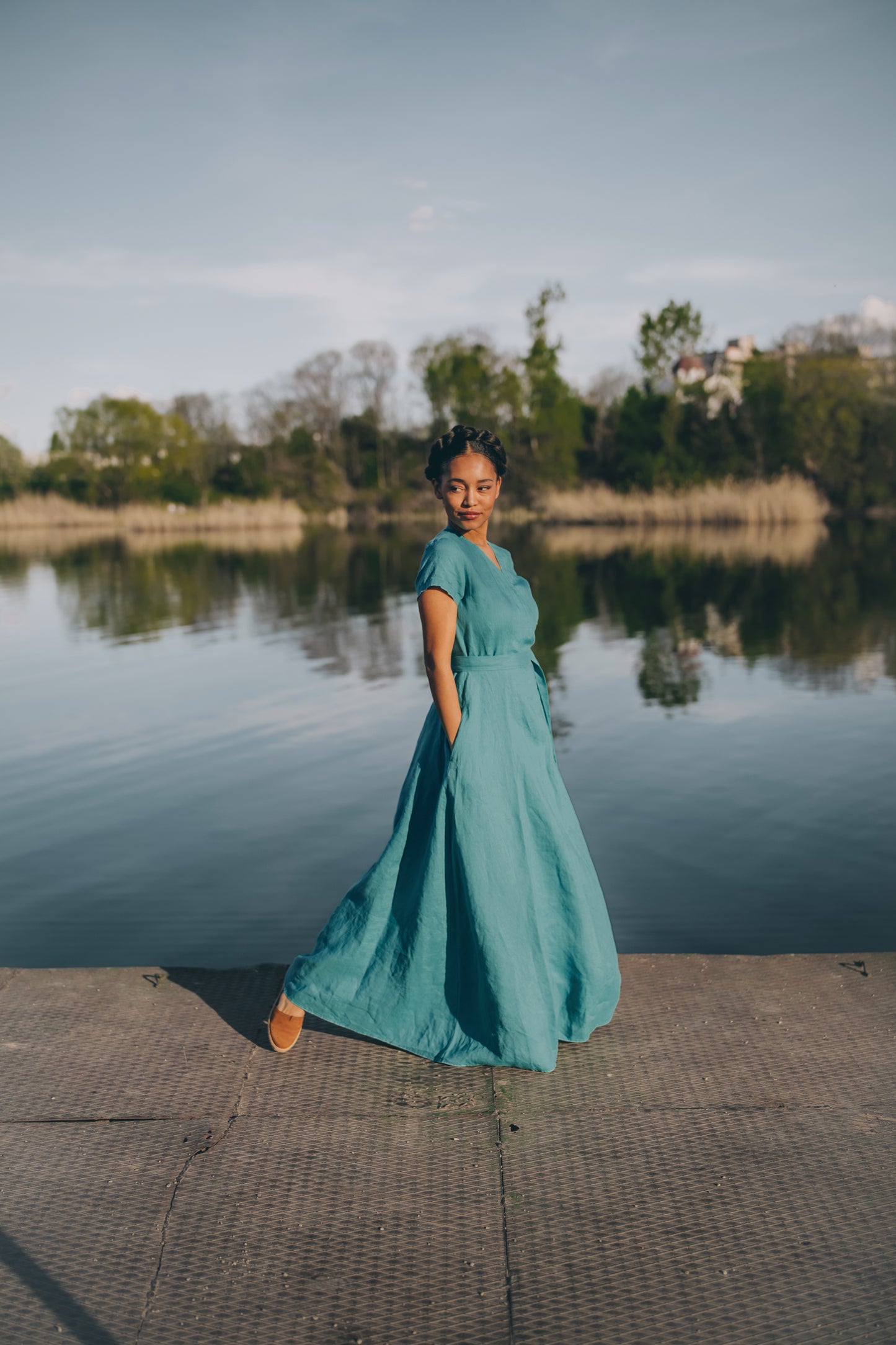 Short Sleeve Linen Maxi Dress with Tie Waist, VisibleArtShop