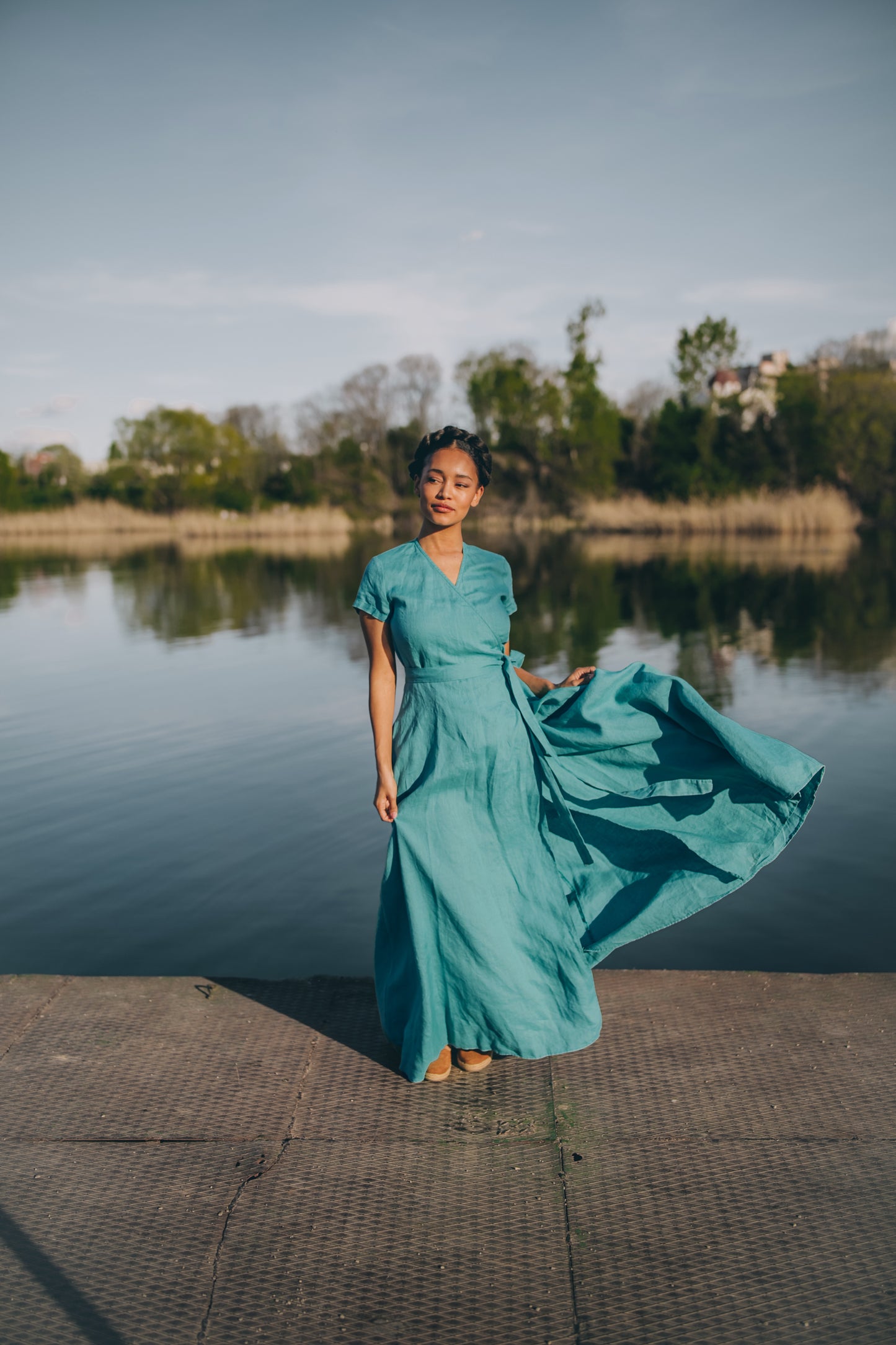 Short Sleeve Linen Maxi Dress with Tie Waist, VisibleArtShop