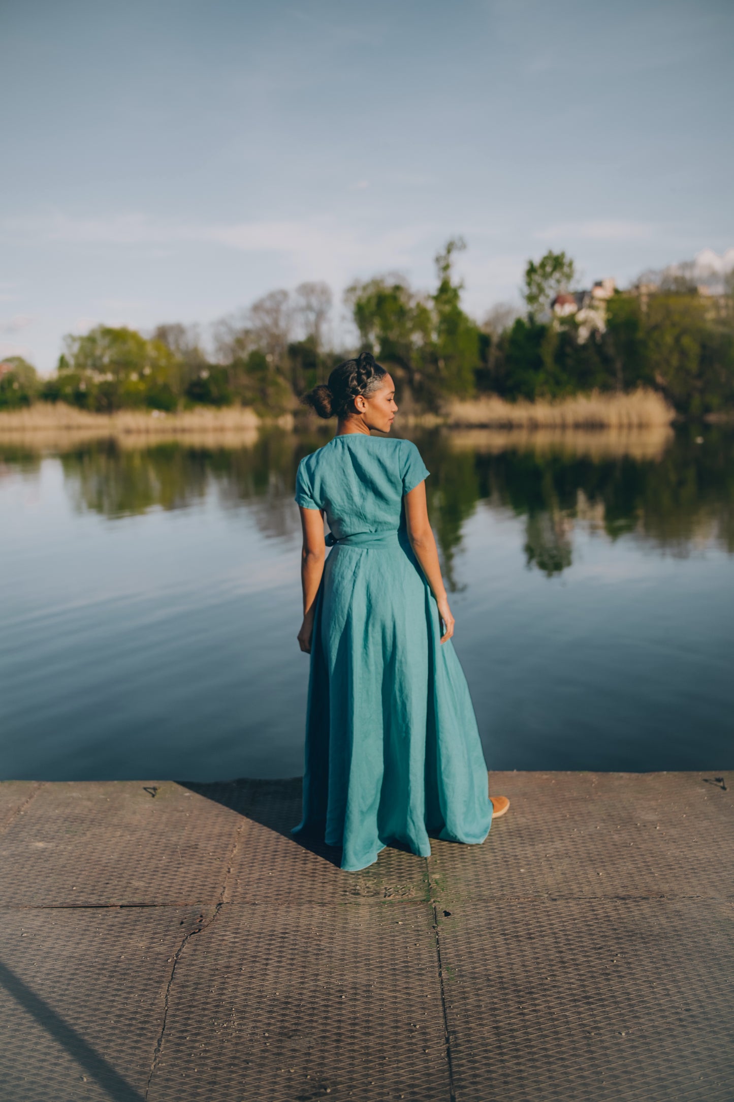 Short Sleeve Linen Maxi Dress with Tie Waist, VisibleArtShop