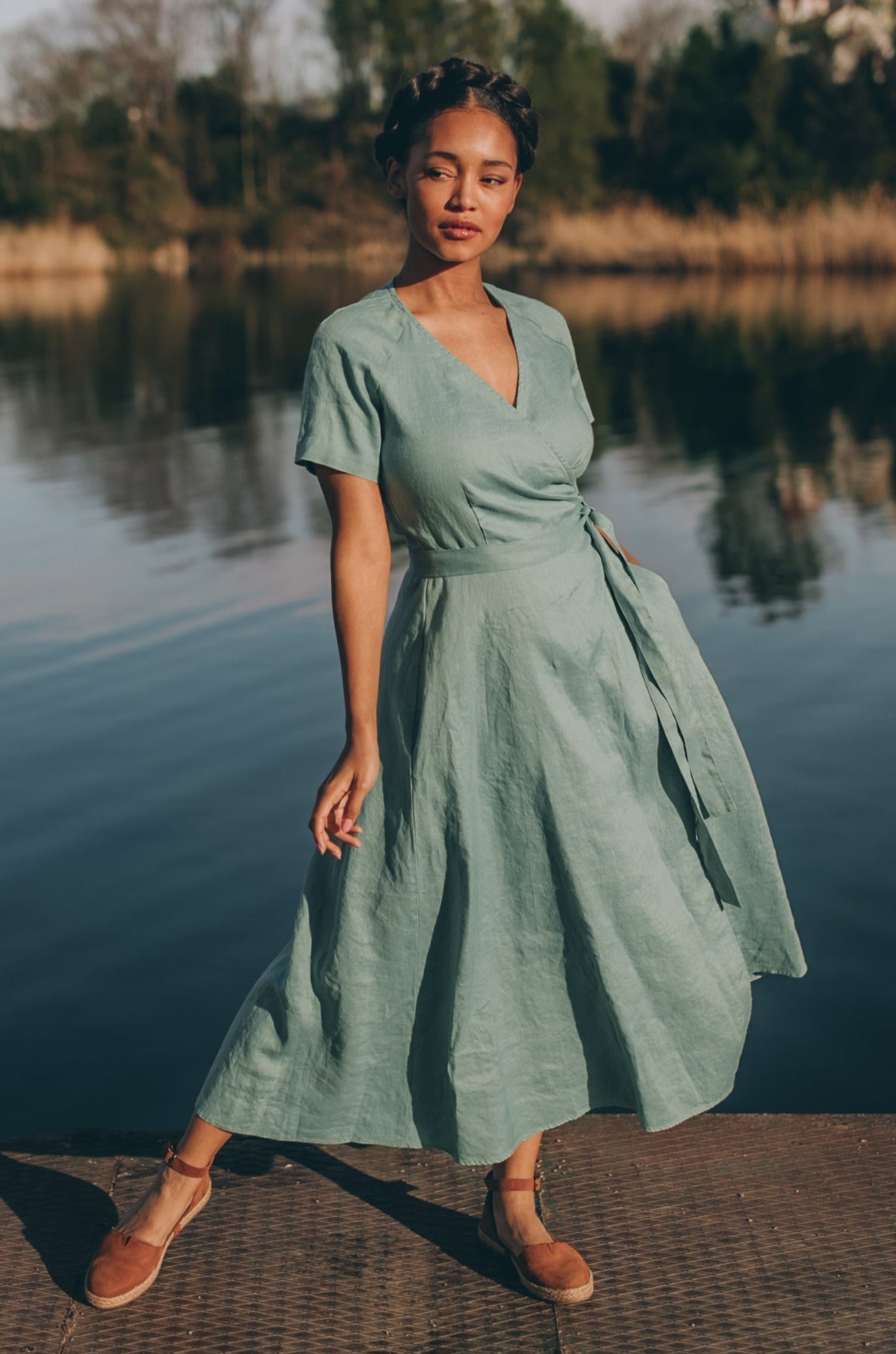 Midi Length Linen Wrap Dress with Short Sleeves - Summer Linen Wrap Dress - Wrap Midi Dress for Women
