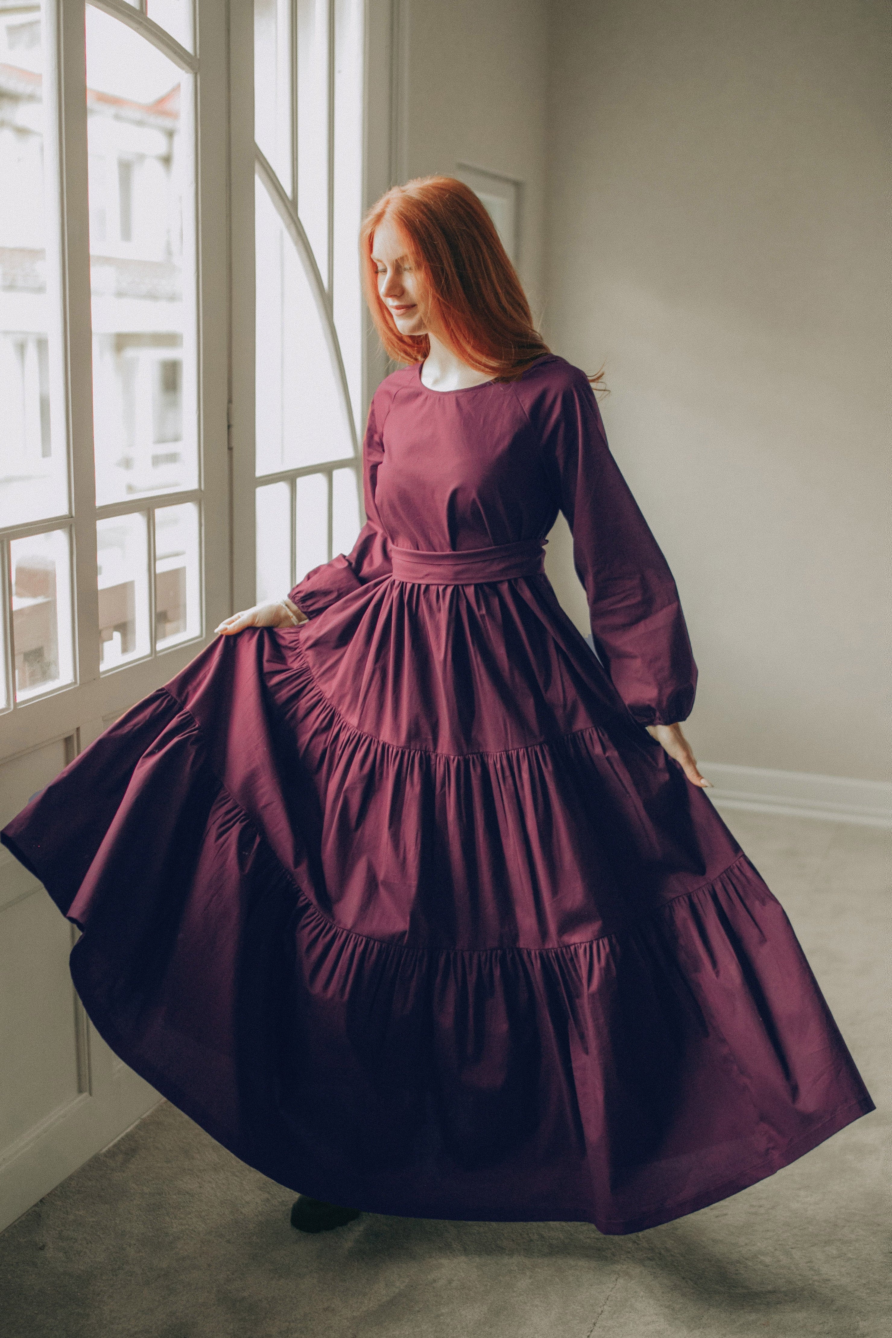burgundy dress with long sleeves Jdlsppl Women's Long Sleeve Dresses Holiday Sundress Fall Midi Casual High Waist V Neck Chiffon Summer Dress Burgundy 4-6