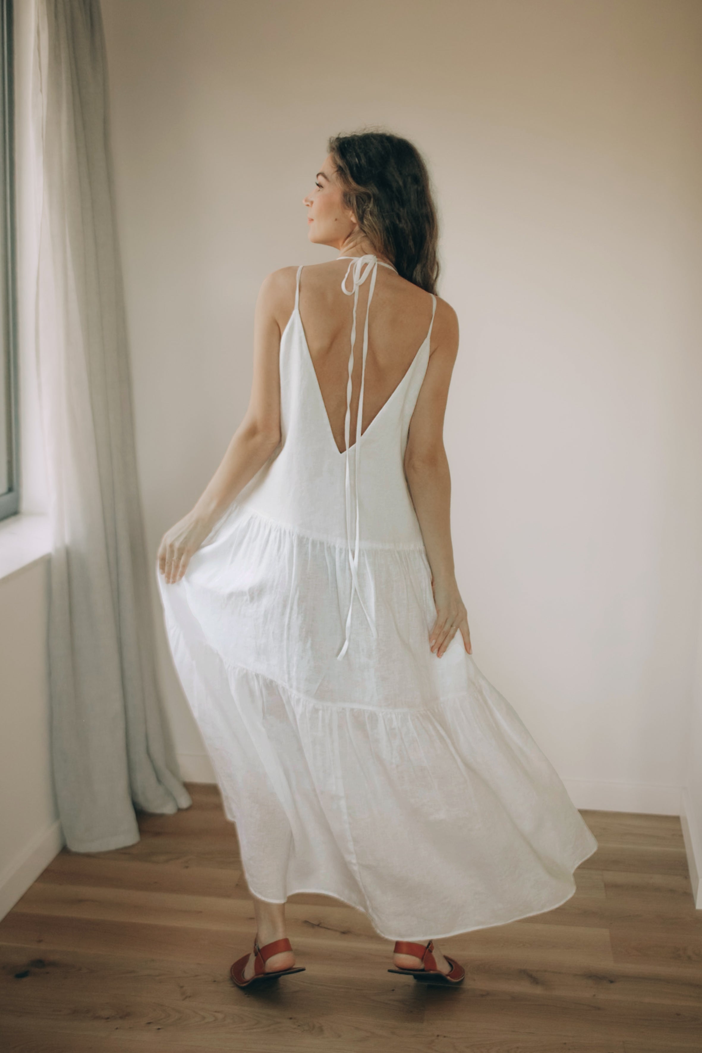 White Tiered Linen Dress with Pockets – Ankle Length, V-Neck, Open Back, 3XL / Night Blue