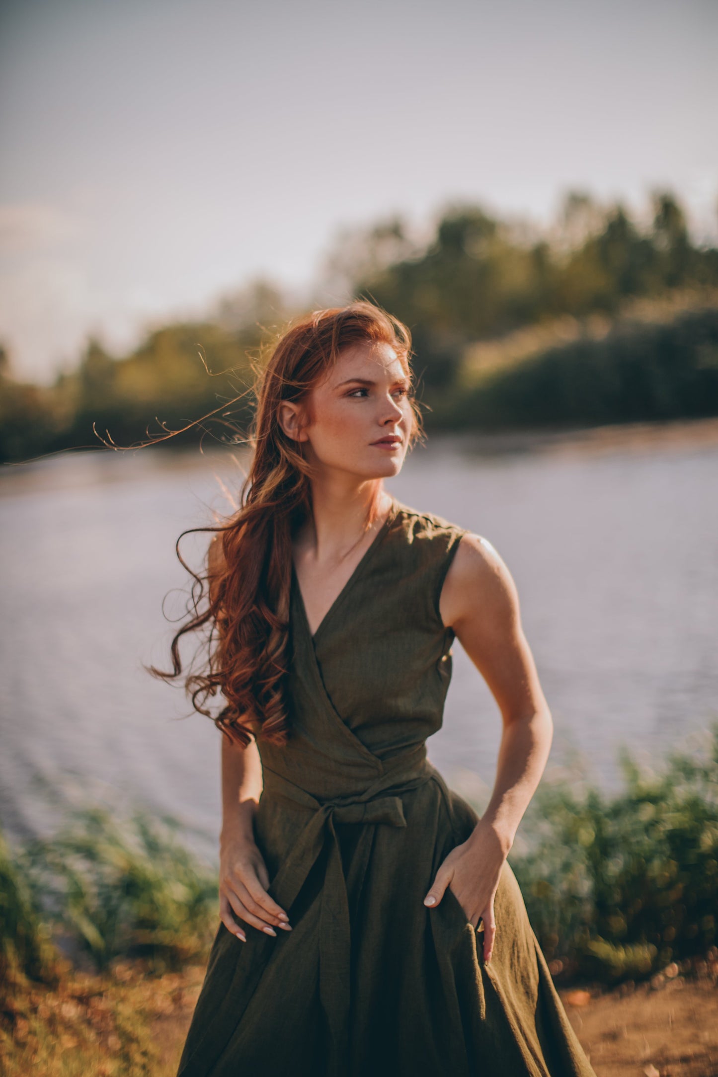 Sleeveless Linen Maxi Dress with Tie Waist, VisibleArtShop