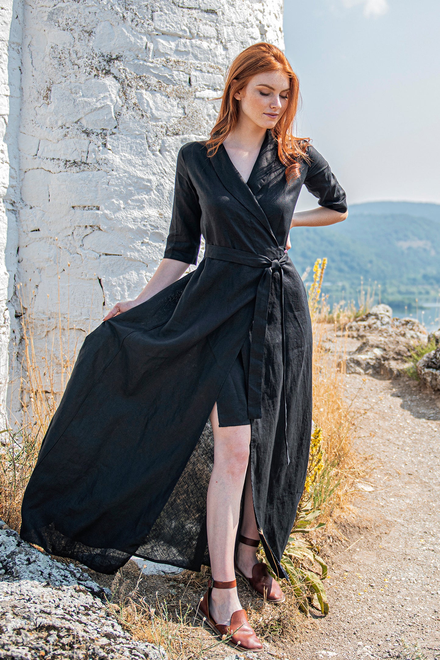 Linen Maxi Dress with Tie Waist, VisibleArtShop