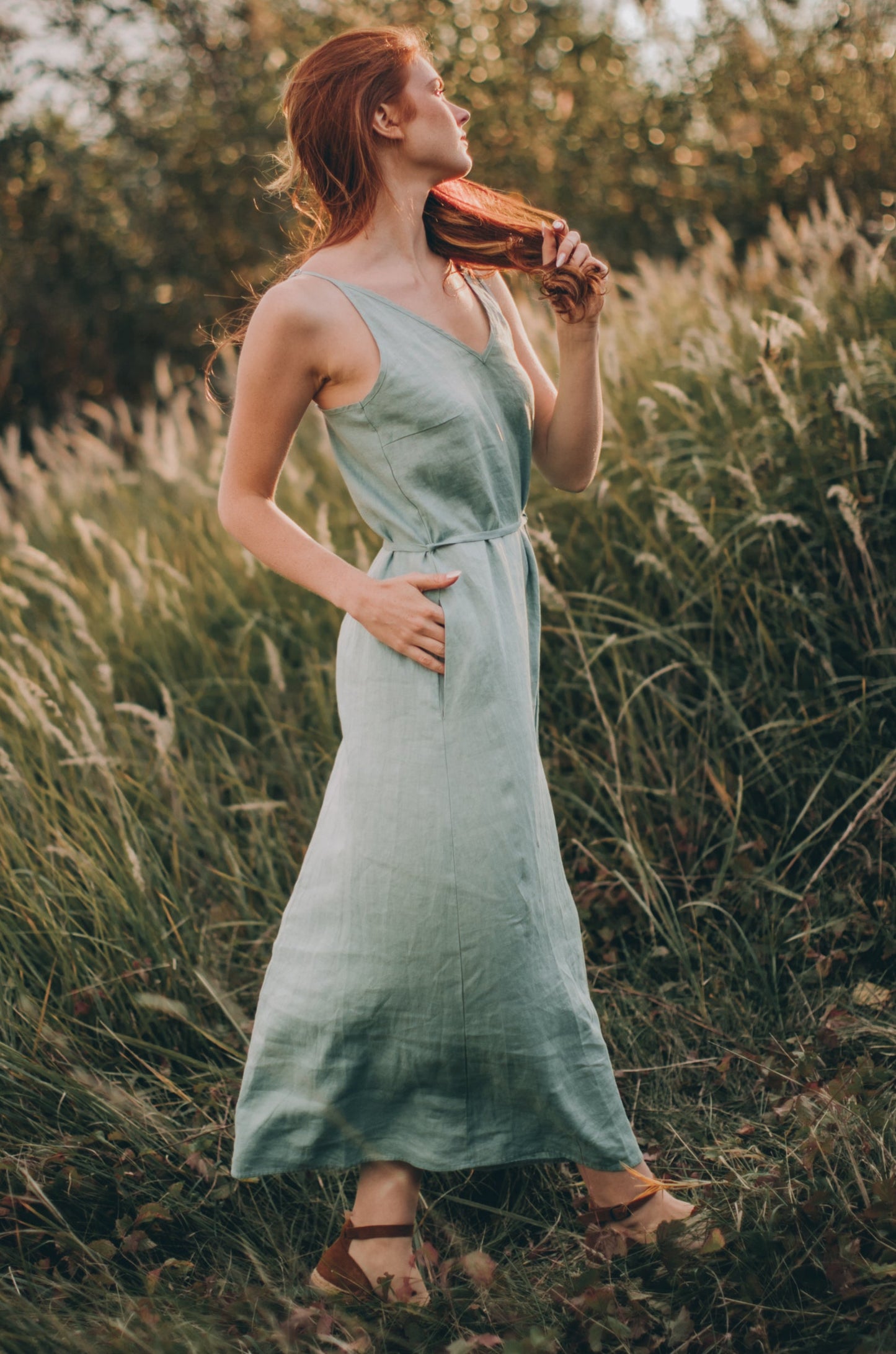 Linen Slip Dress with Strap Belt, VisibleArtShop