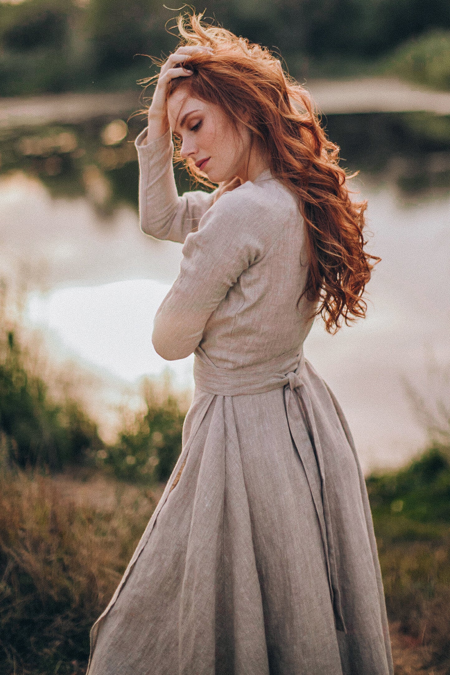 Long Sleeved Linen Wrap Dress in Midi Length, VisibleArtShop