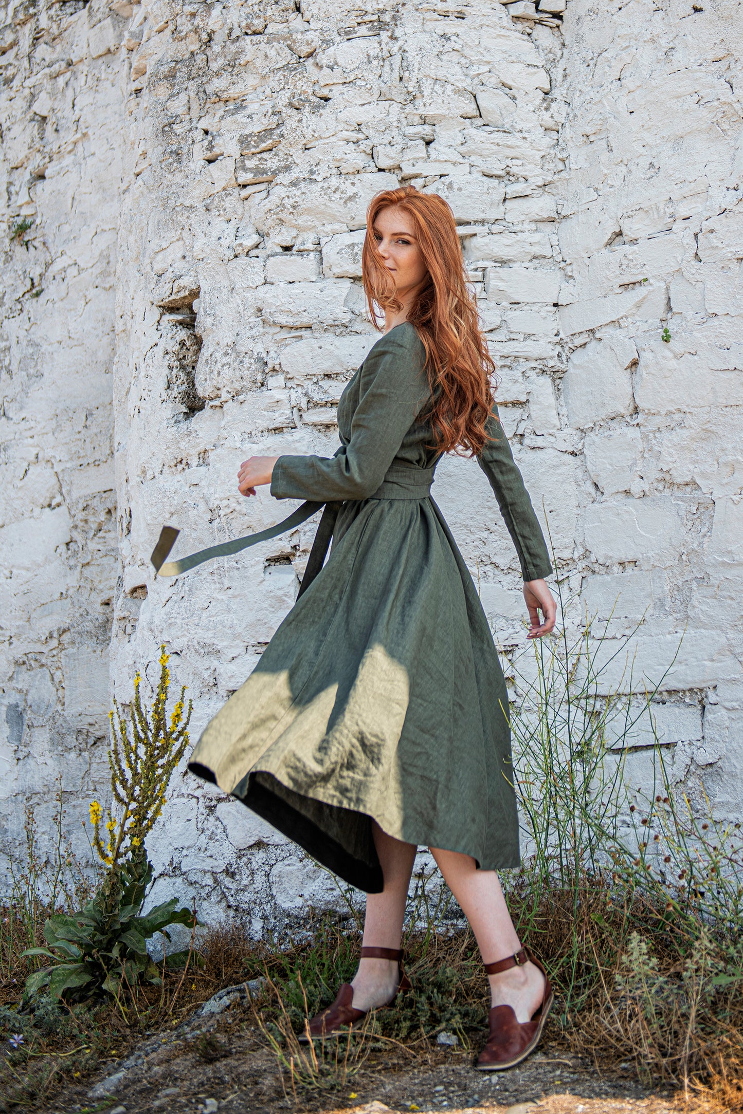 Linen Midi Dress with Tie Belt, VisibleArtShop