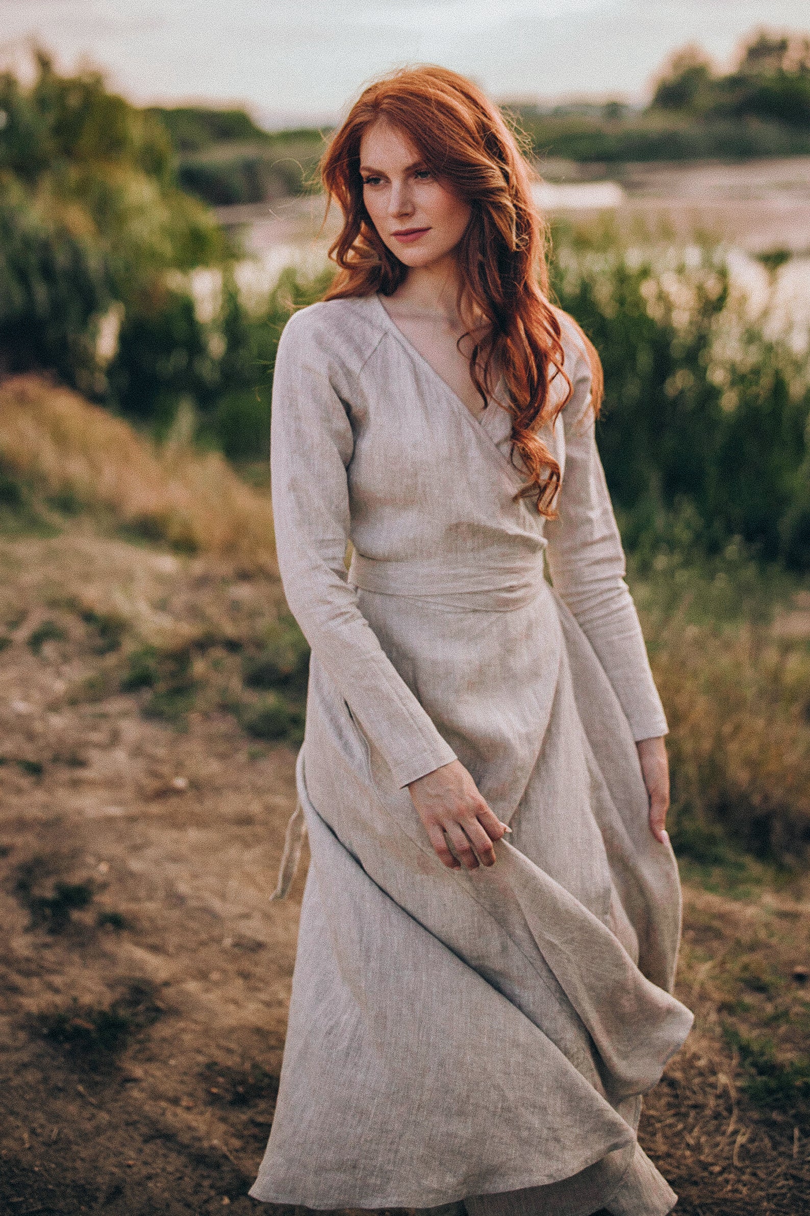 long linen dress with sleeves Romantic Linen Dress for Women, Long Sleeve Linen Dress, Wrap Linen Dress, Linen Midi Dress, Beautiful Maxi Dress, Bohemian Dress, XS / Gray
