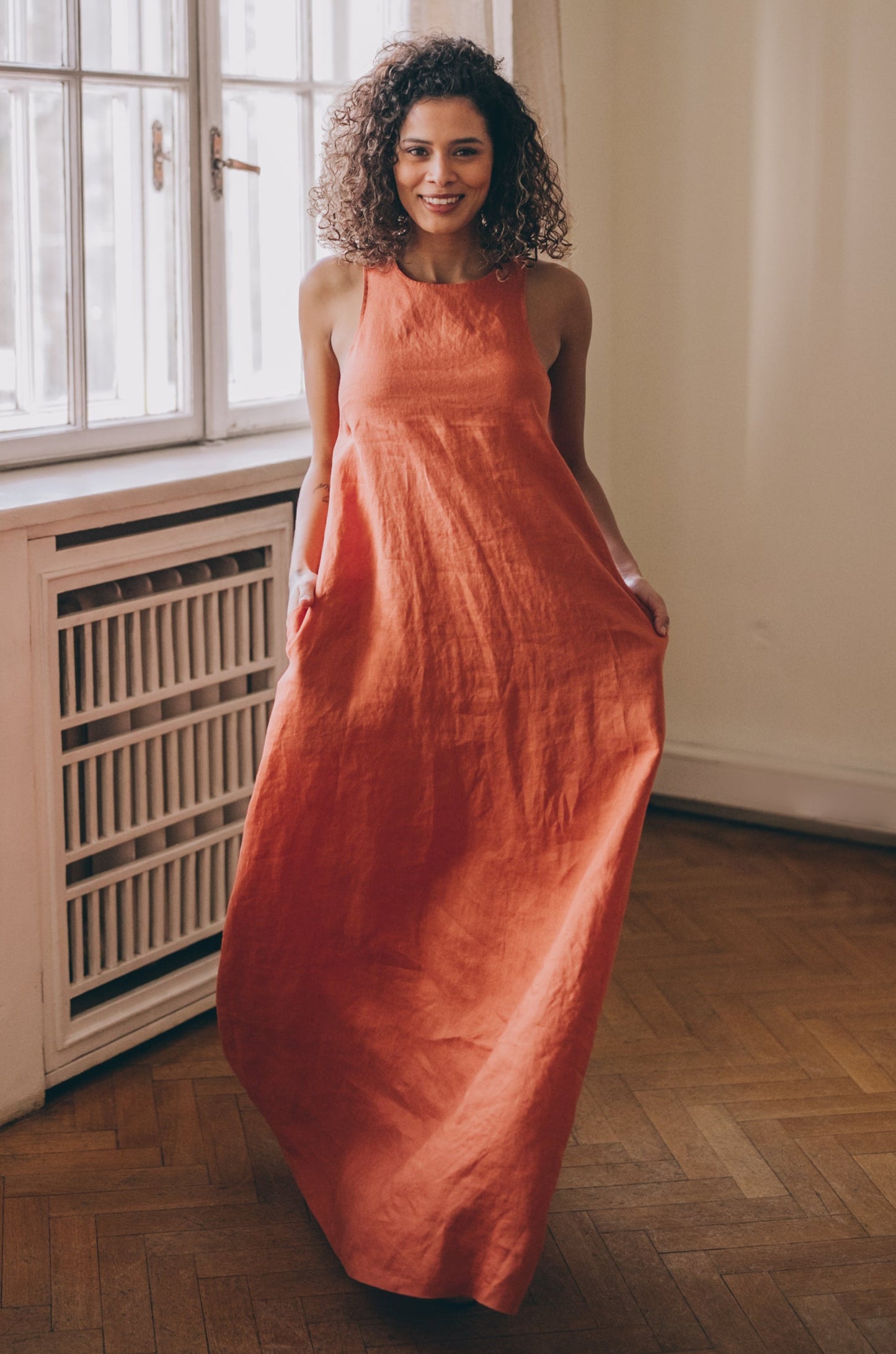 Minimalist Linen Dress with Pleat Detail, VisibleArtShop