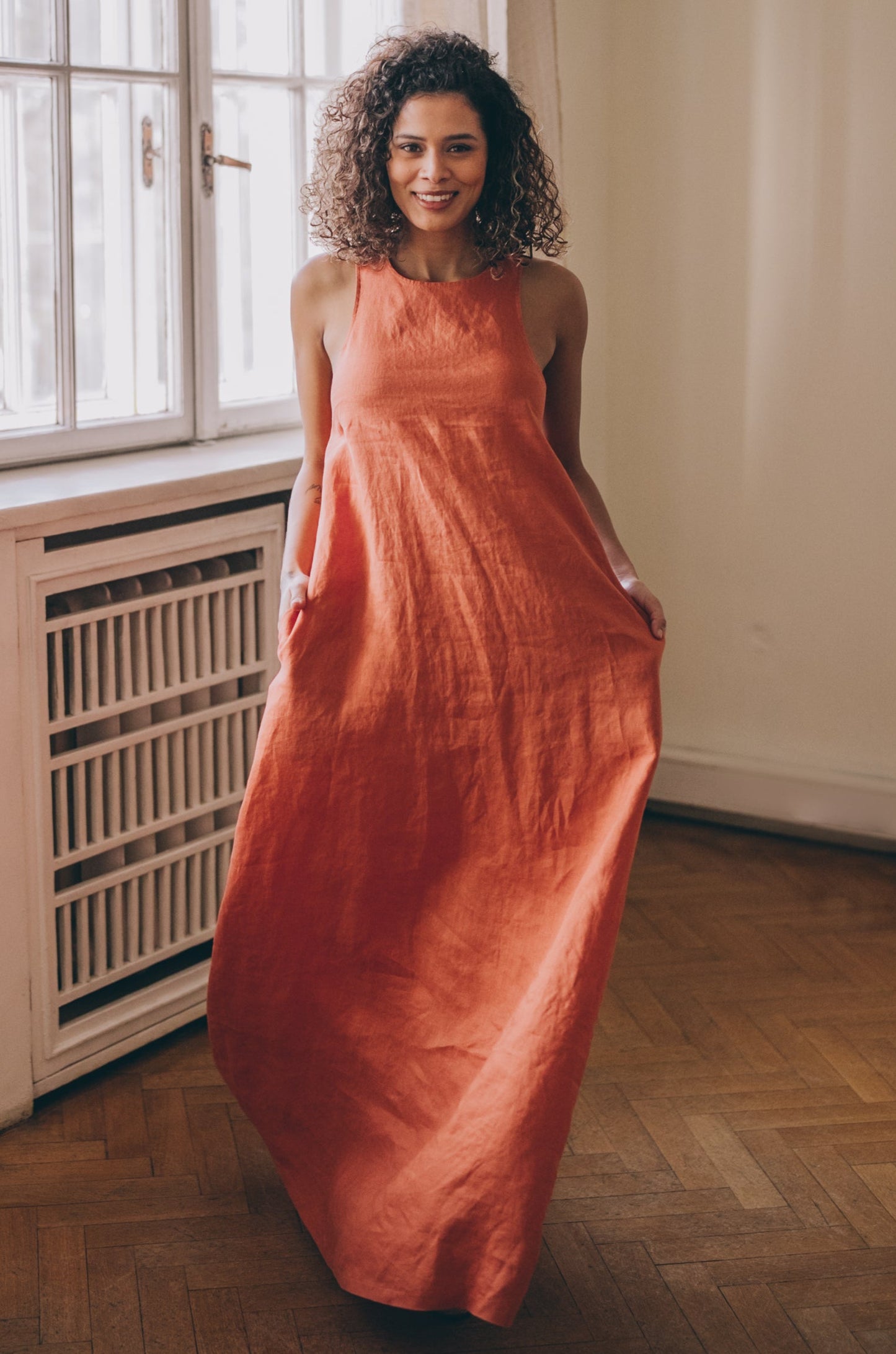 Minimalist Linen Dress with Pleat Detail, VisibleArtShop