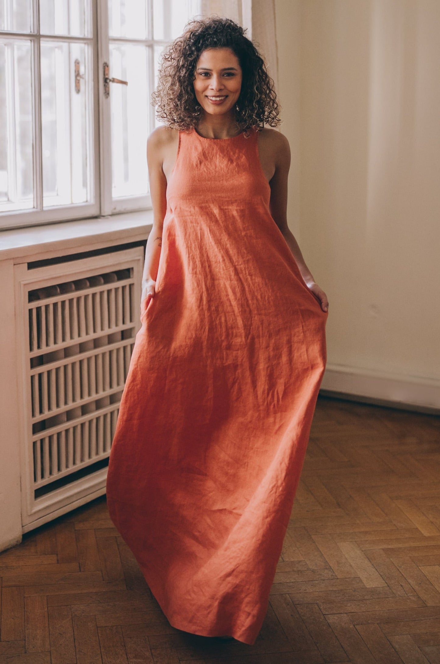 Minimalist Linen Dress with Pleat Detail, VisibleArtShop