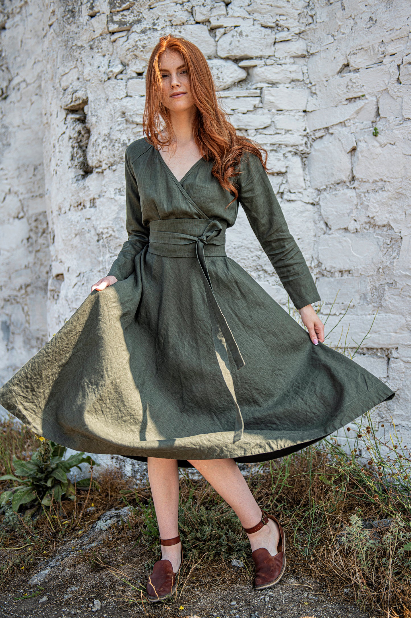 Linen Midi Dress with Tie Belt, VisibleArtShop