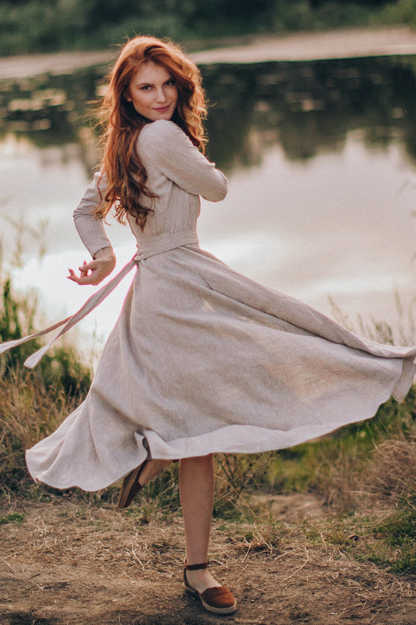 Long Sleeved Linen Wrap Dress in Midi Length, VisibleArtShop