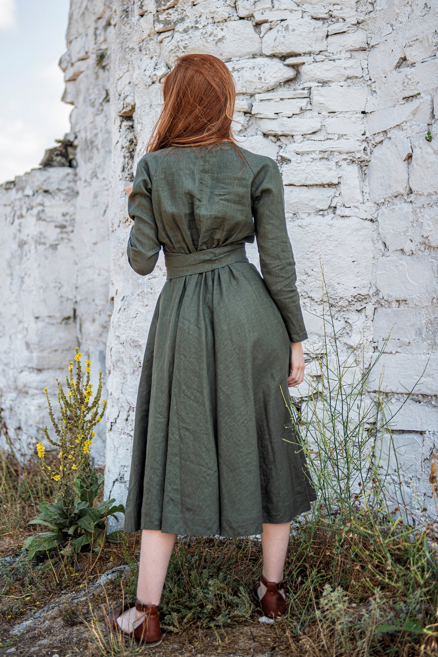Linen Midi Dress with Tie Belt, VisibleArtShop