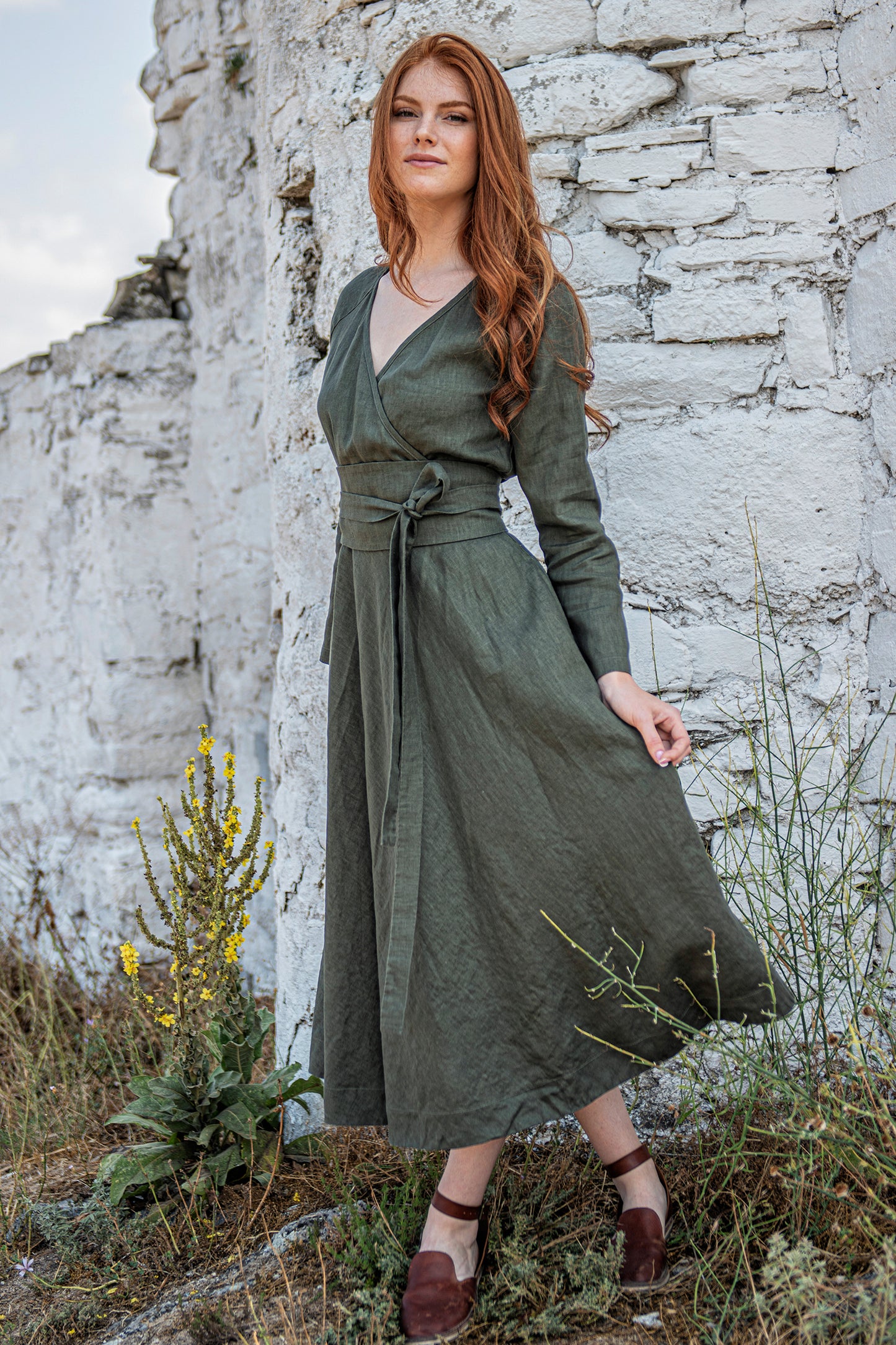 Linen Midi Dress with Tie Belt, VisibleArtShop