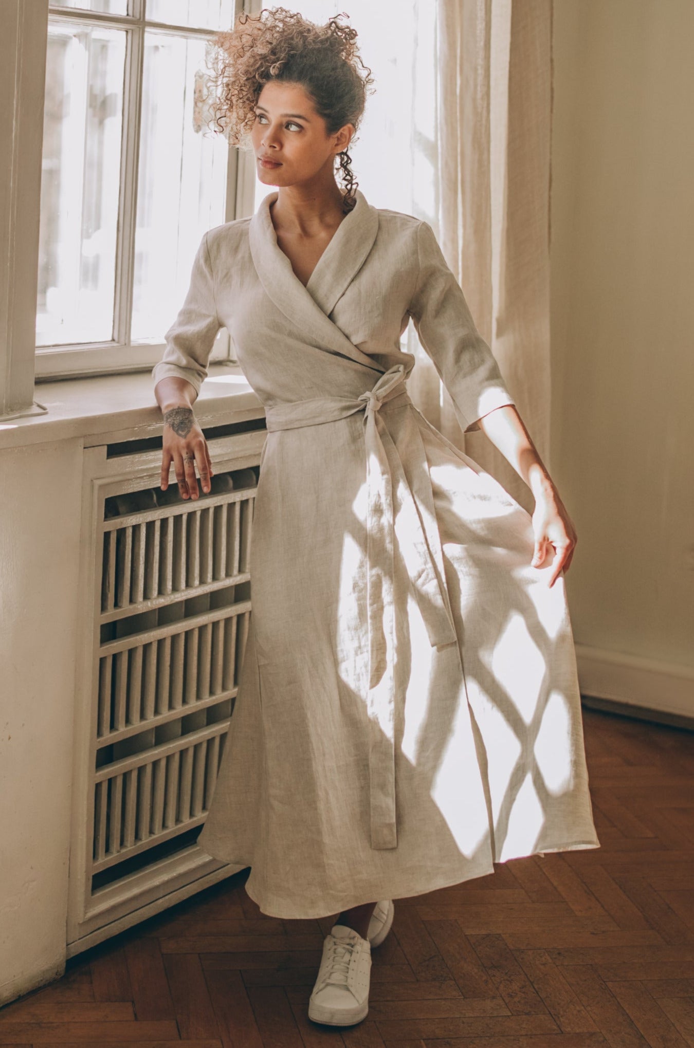 Midi Length Linen Dress with Tie Waist, VisibleArtShop