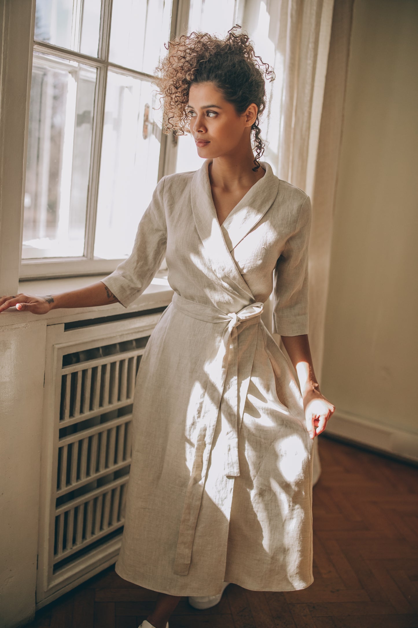 Midi Length Linen Dress with Tie Waist, VisibleArtShop