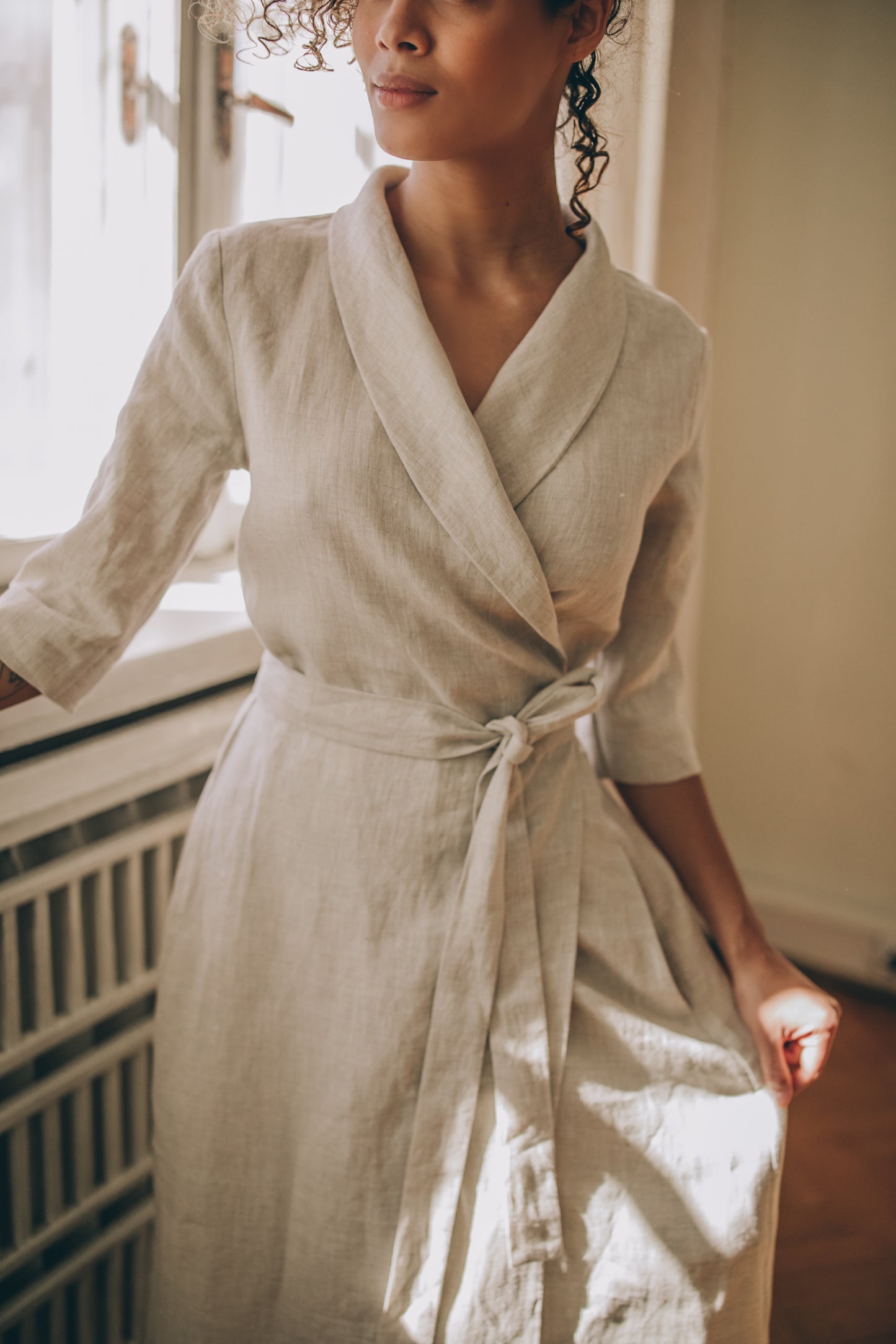 Midi Length Linen Dress with Tie Waist, VisibleArtShop