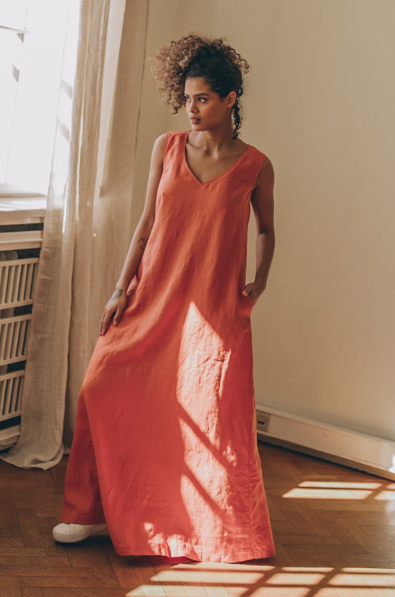 Minimalist Linen Maxi Dress with V-neck, 3XL / Blue Green Minimalist Linen Maxi Dress with V-neck, 3XL / Blue Green