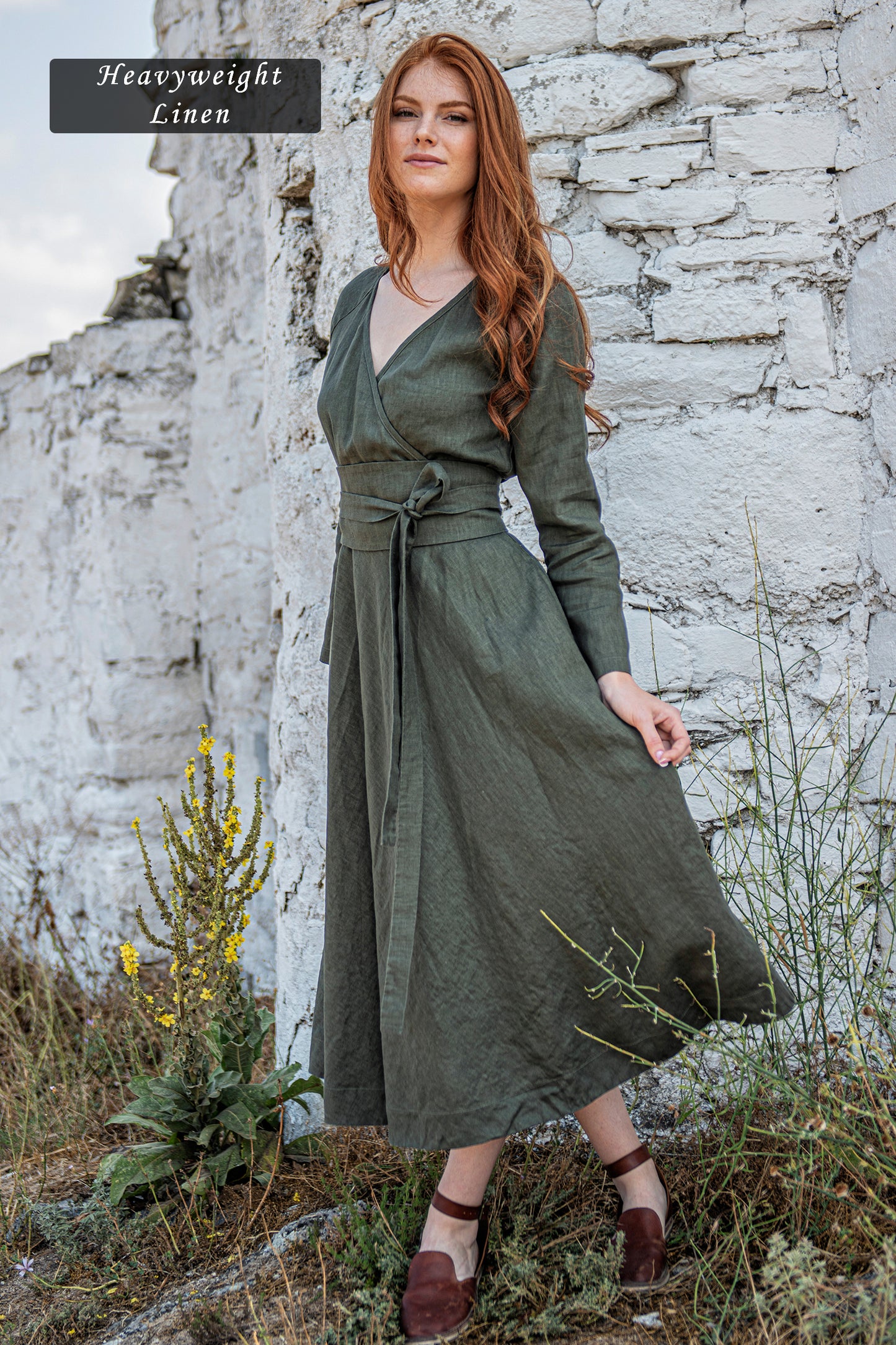 Linen Midi Dress with Tie Belt, VisibleArtShop