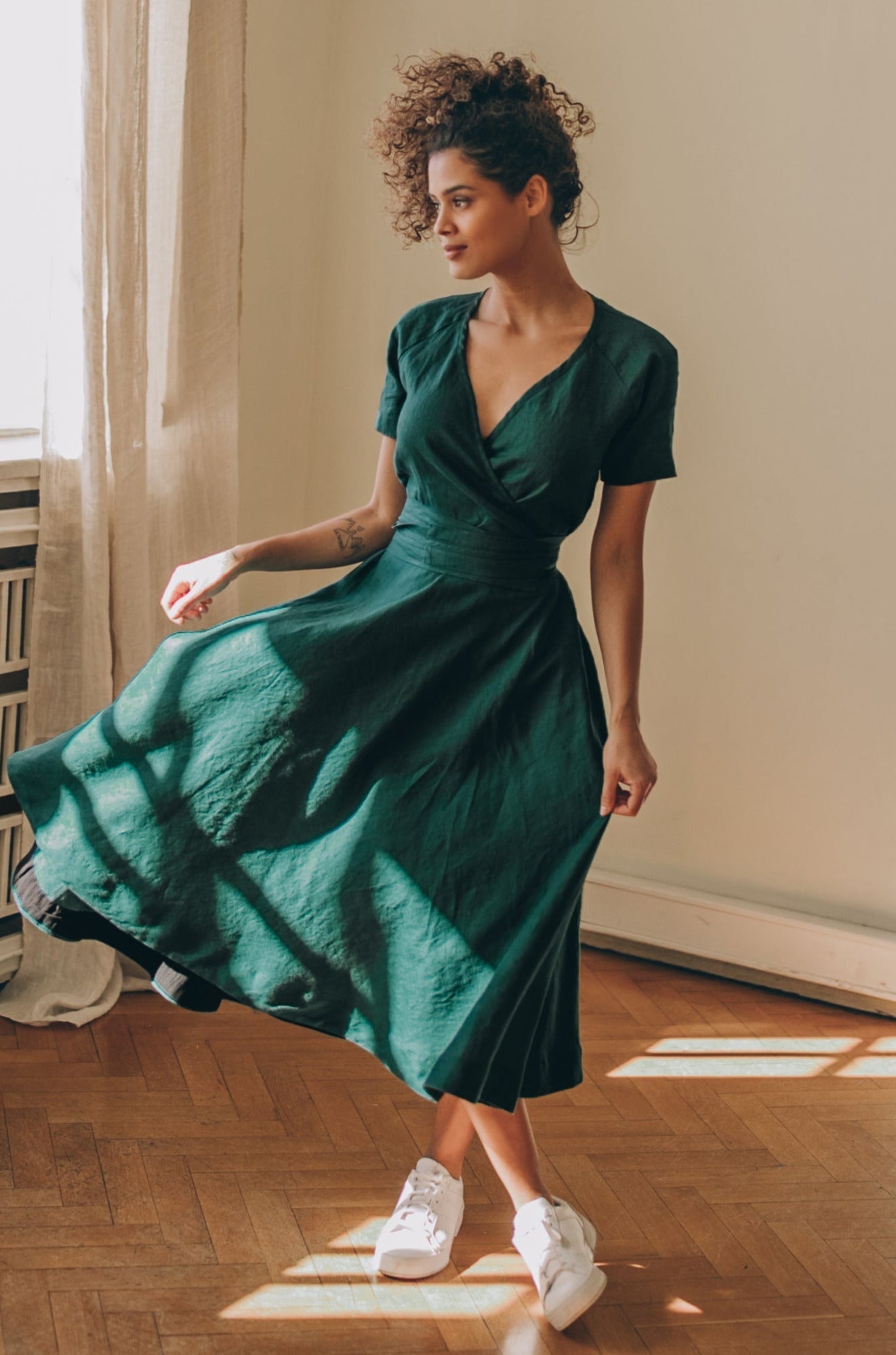 Deep Green Linen Midi Dress - Boho Summer Dress with Pockets & Tie Waist - Classic Linen Dress, L / Deep Green Deep Green Linen Midi Dress - Boho Summer Dress with Pockets & Tie Waist - Classic Linen Dress, L / Deep Green