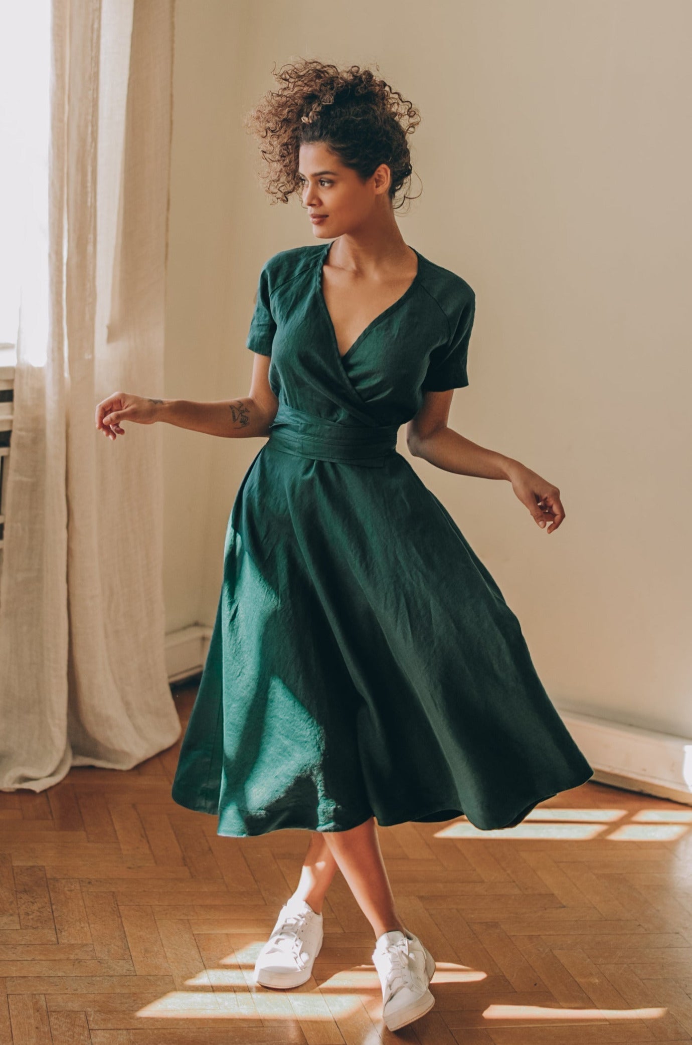 Deep Green Linen Midi Dress - Boho Summer Dress with Pockets & Tie Waist - Classic Linen Dress, L / Deep Green Deep Green Linen Midi Dress - Boho Summer Dress with Pockets & Tie Waist - Classic Linen Dress, L / Deep Green