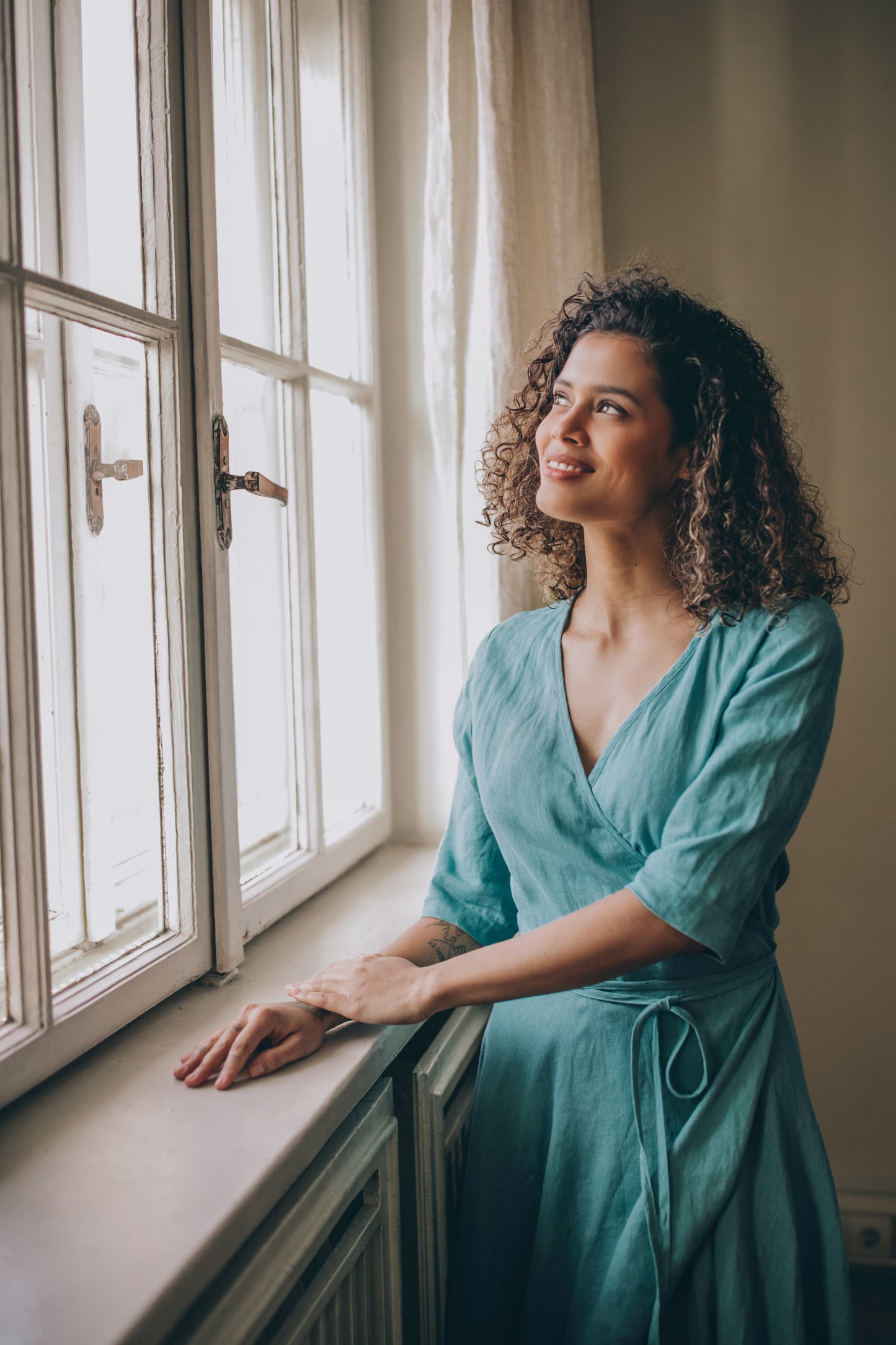 Linen Maxi Dress with Tie Waist & 3/4 sleeve, VisibleArtShop