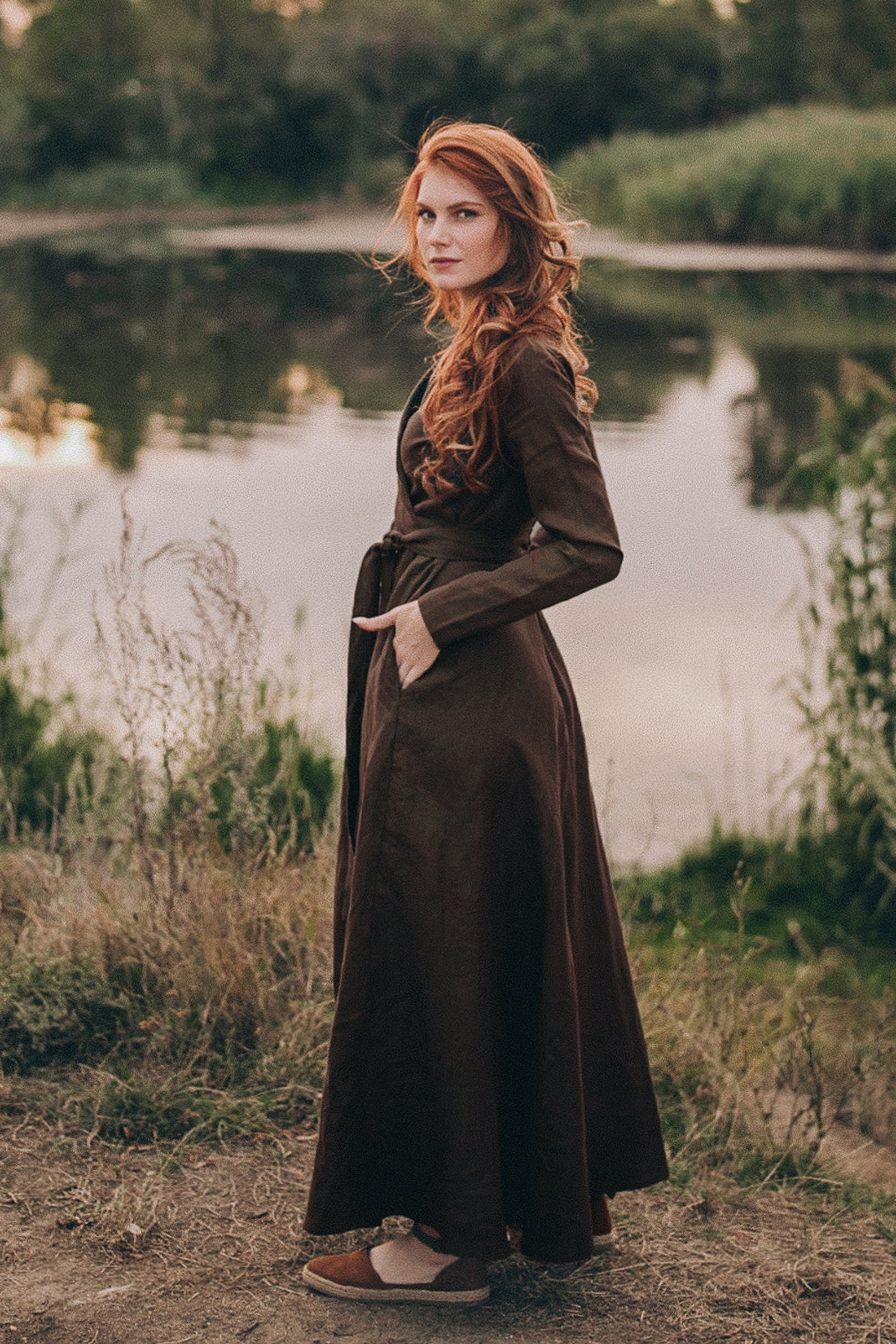 Chocolate Brown Linen Dress - Heavy Linen Maxi Dress - Long Sleeve Linen Dress - Plus Size Linen Dress - Boho Dress