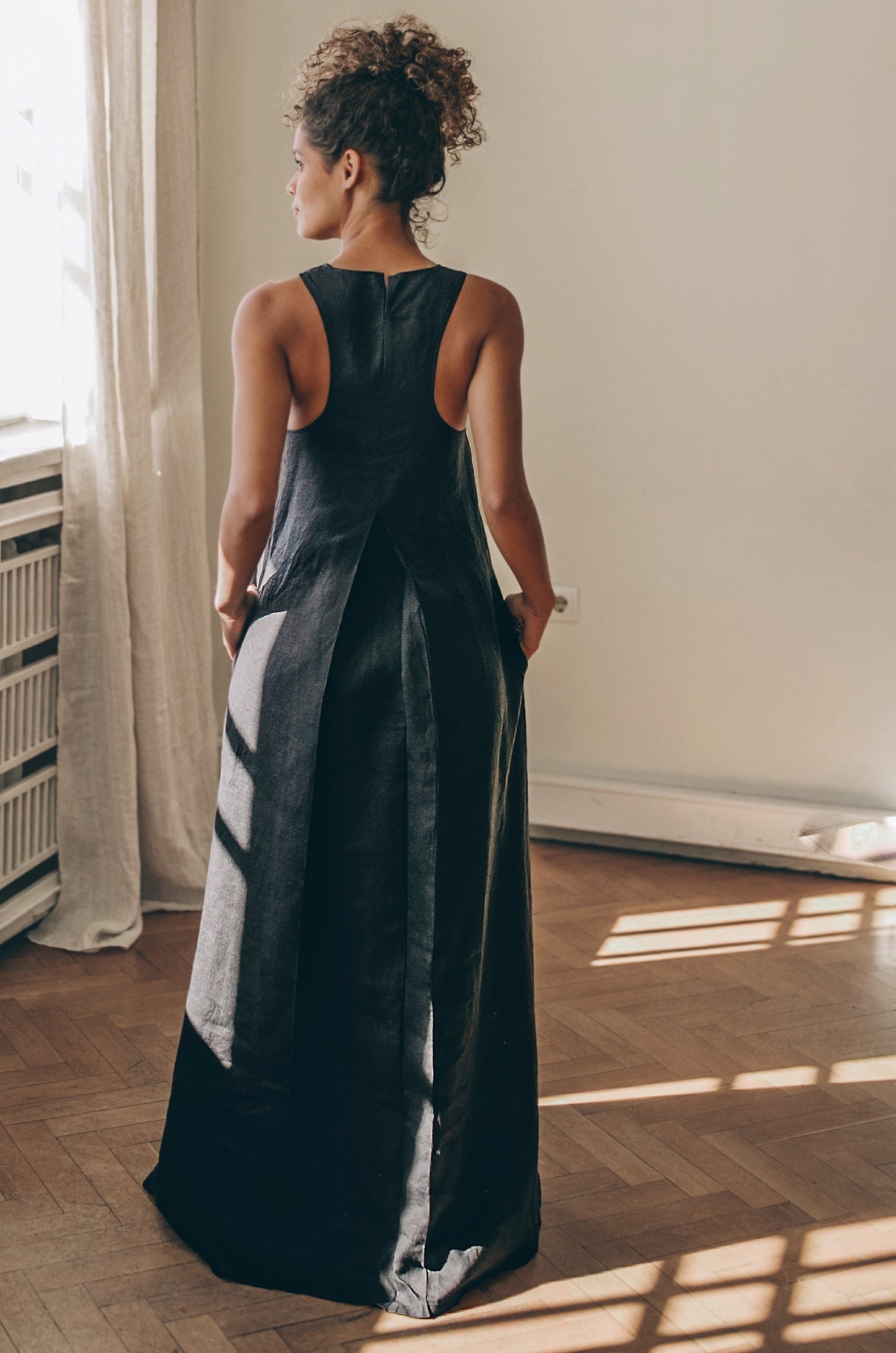 Minimalist Linen Dress with Pleat Detail, VisibleArtShop