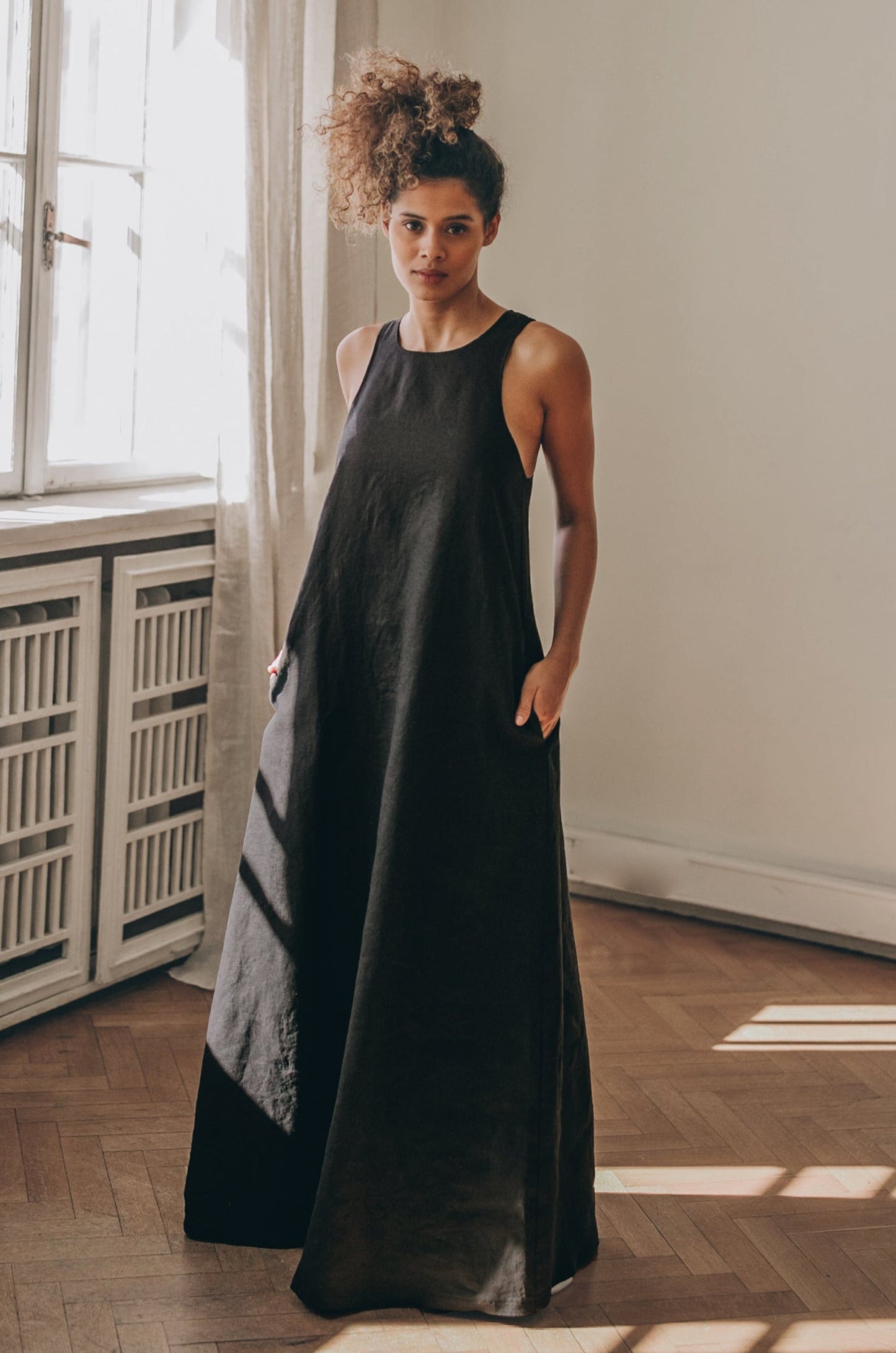 Minimalist Linen Dress with Pleat Detail, VisibleArtShop