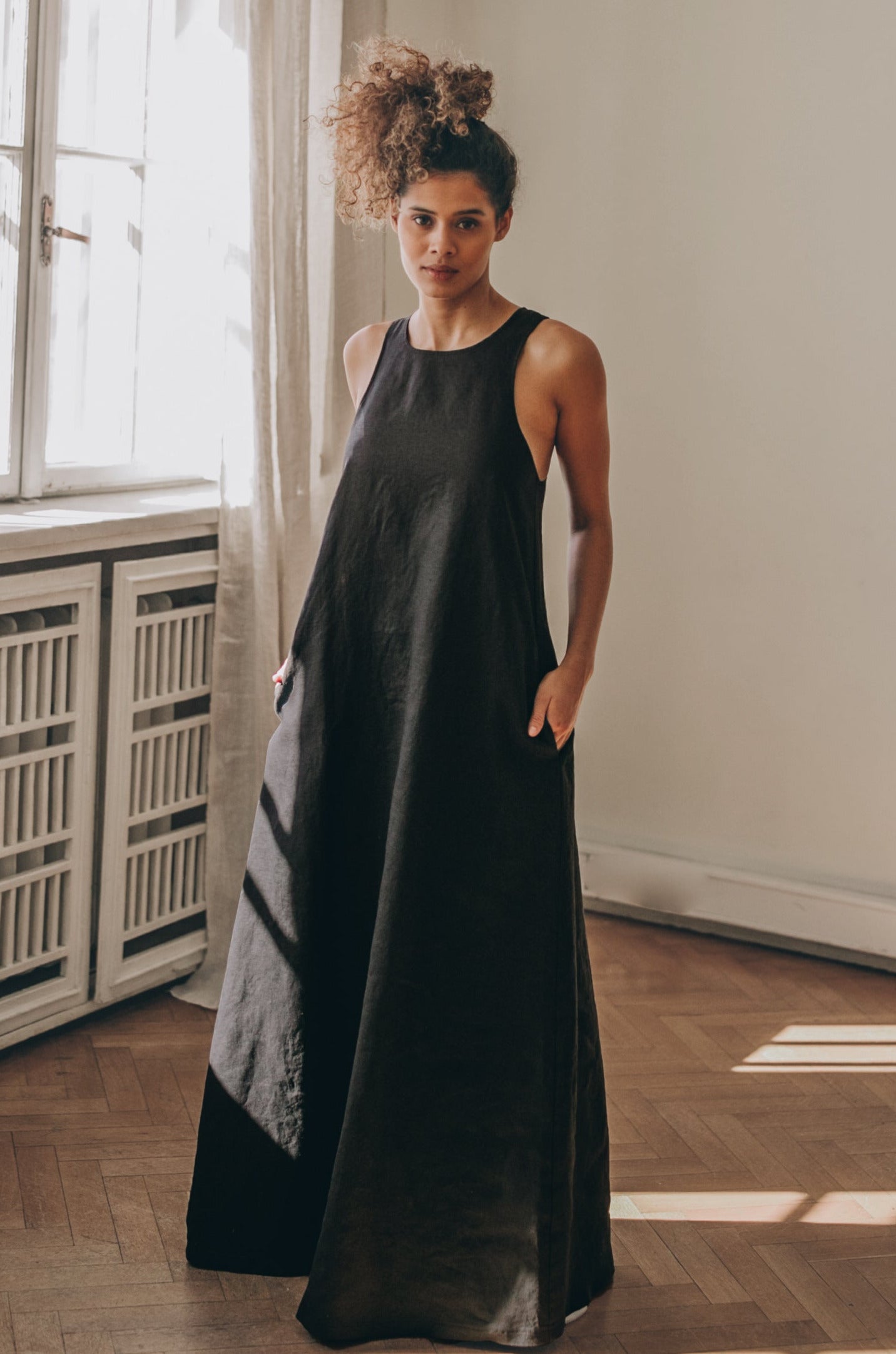 Minimalist Linen Dress with Pleat Detail, VisibleArtShop