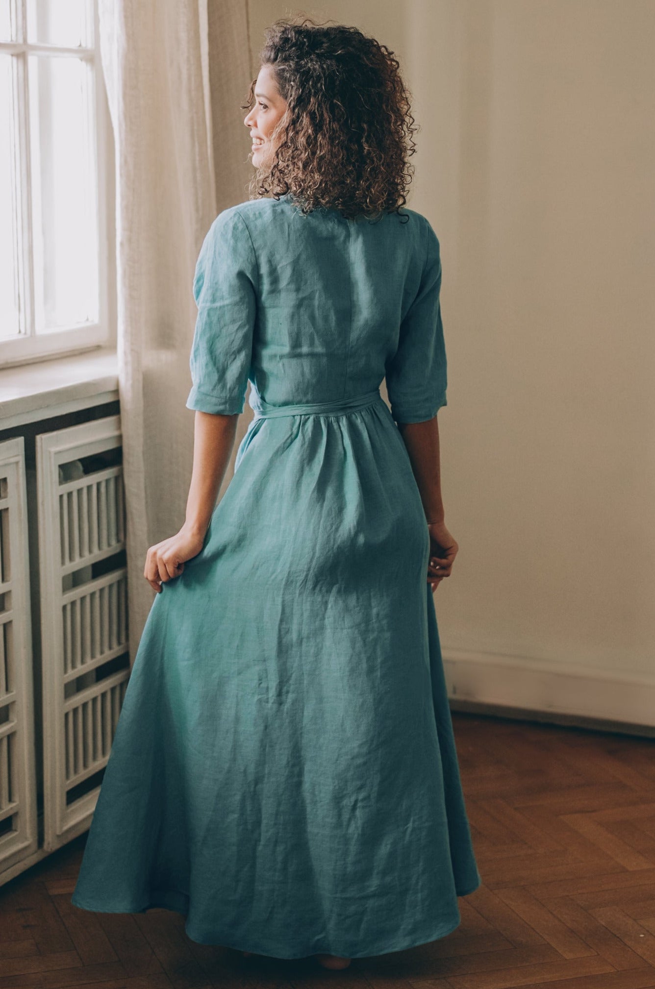 Linen Maxi Dress with Tie Waist & 3/4 sleeve, VisibleArtShop