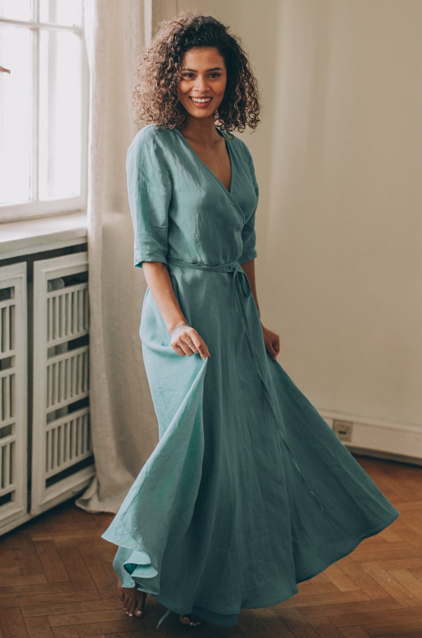 Linen Maxi Dress with Tie Waist & 3/4 sleeve, VisibleArtShop