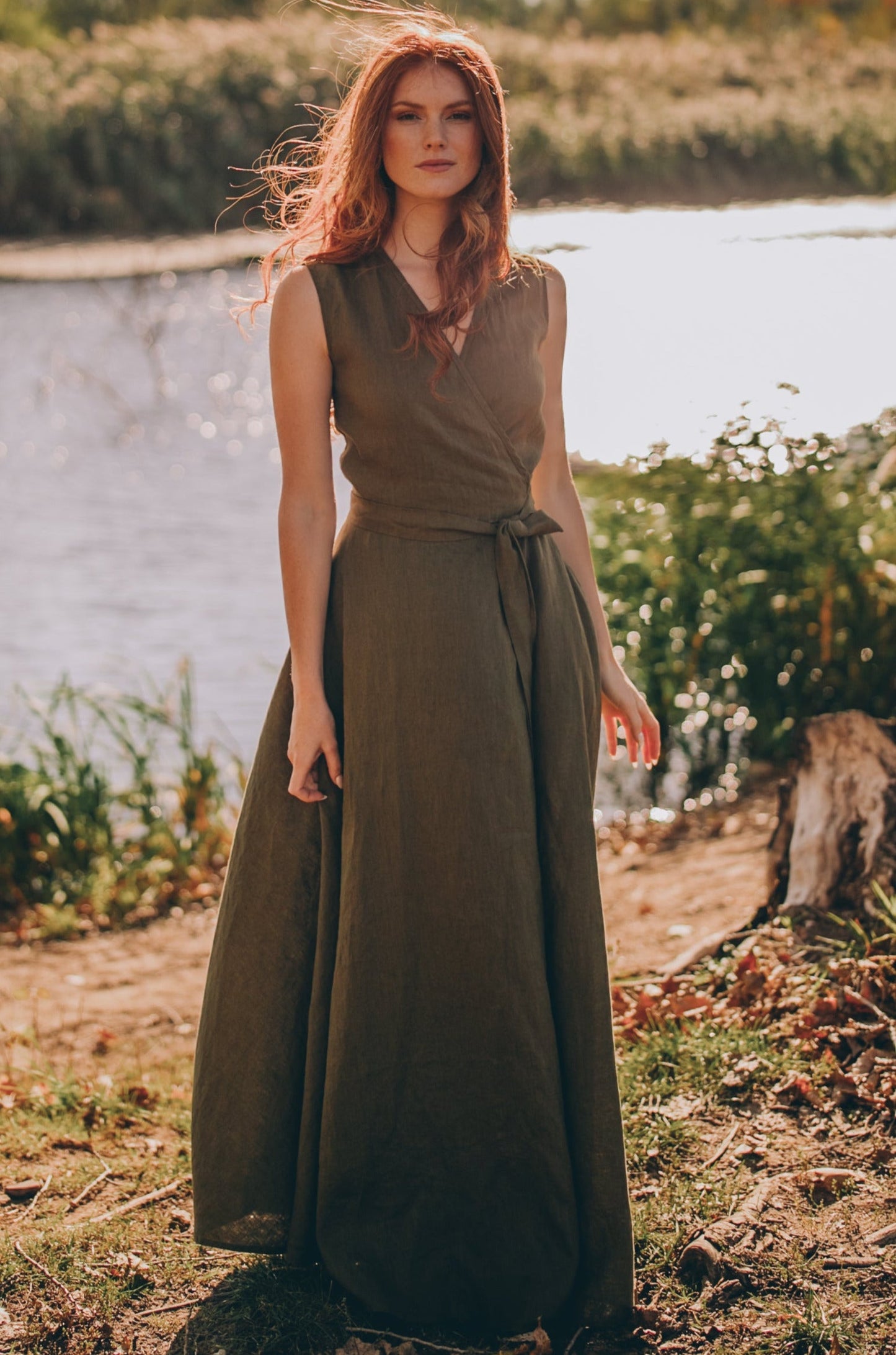 Sleeveless Linen Maxi Dress with Tie Waist, VisibleArtShop