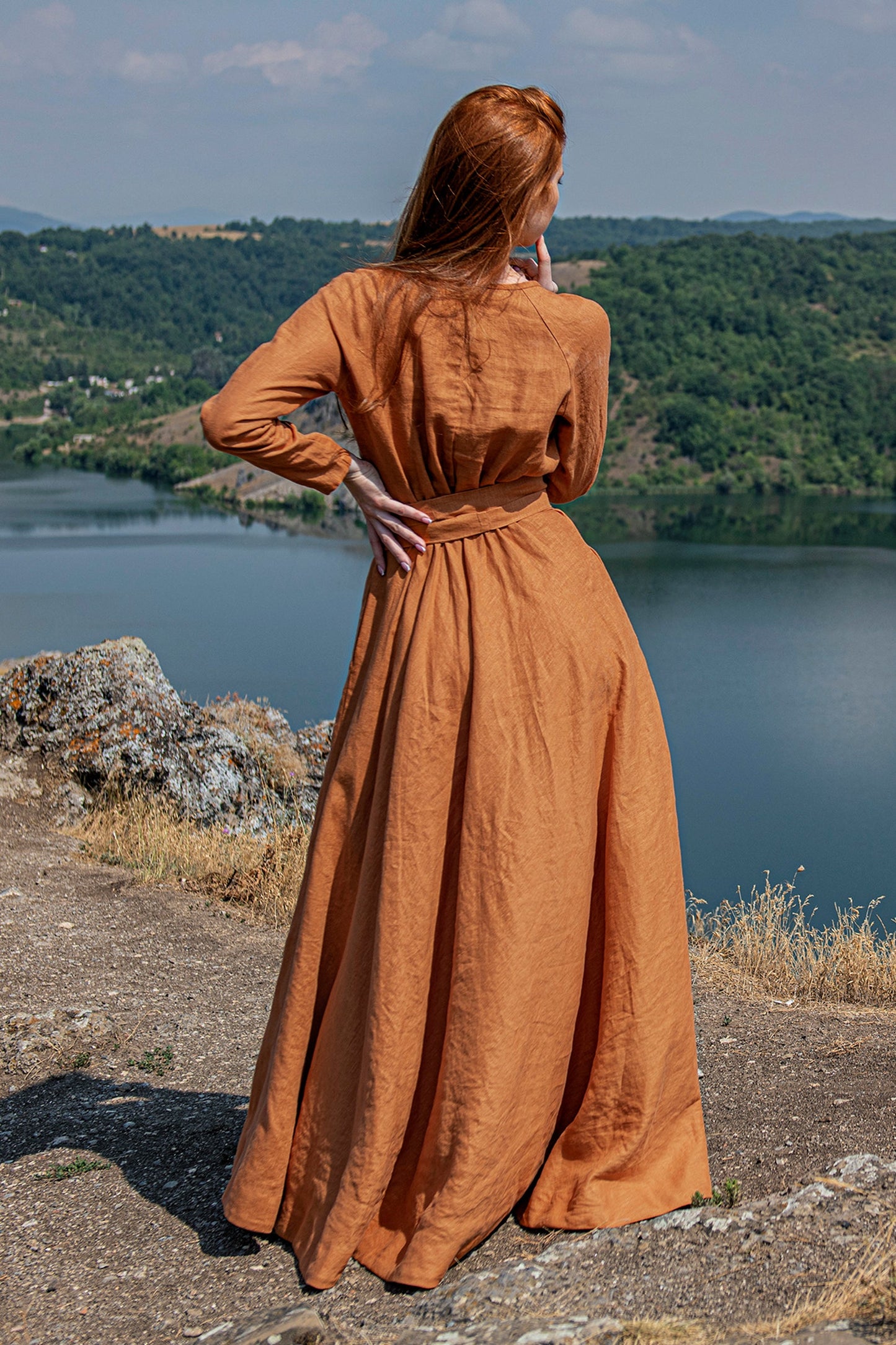 Linen Maxi Dress with Tie Belt, VisibleArtShop