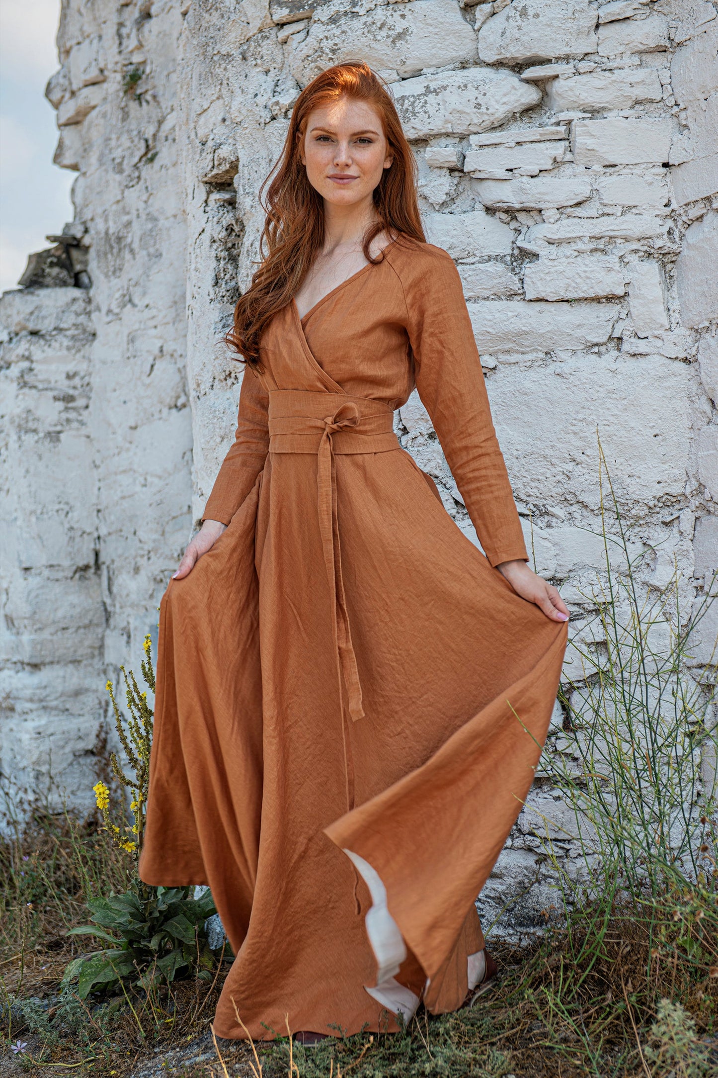 Linen Maxi Dress with Tie Belt, VisibleArtShop
