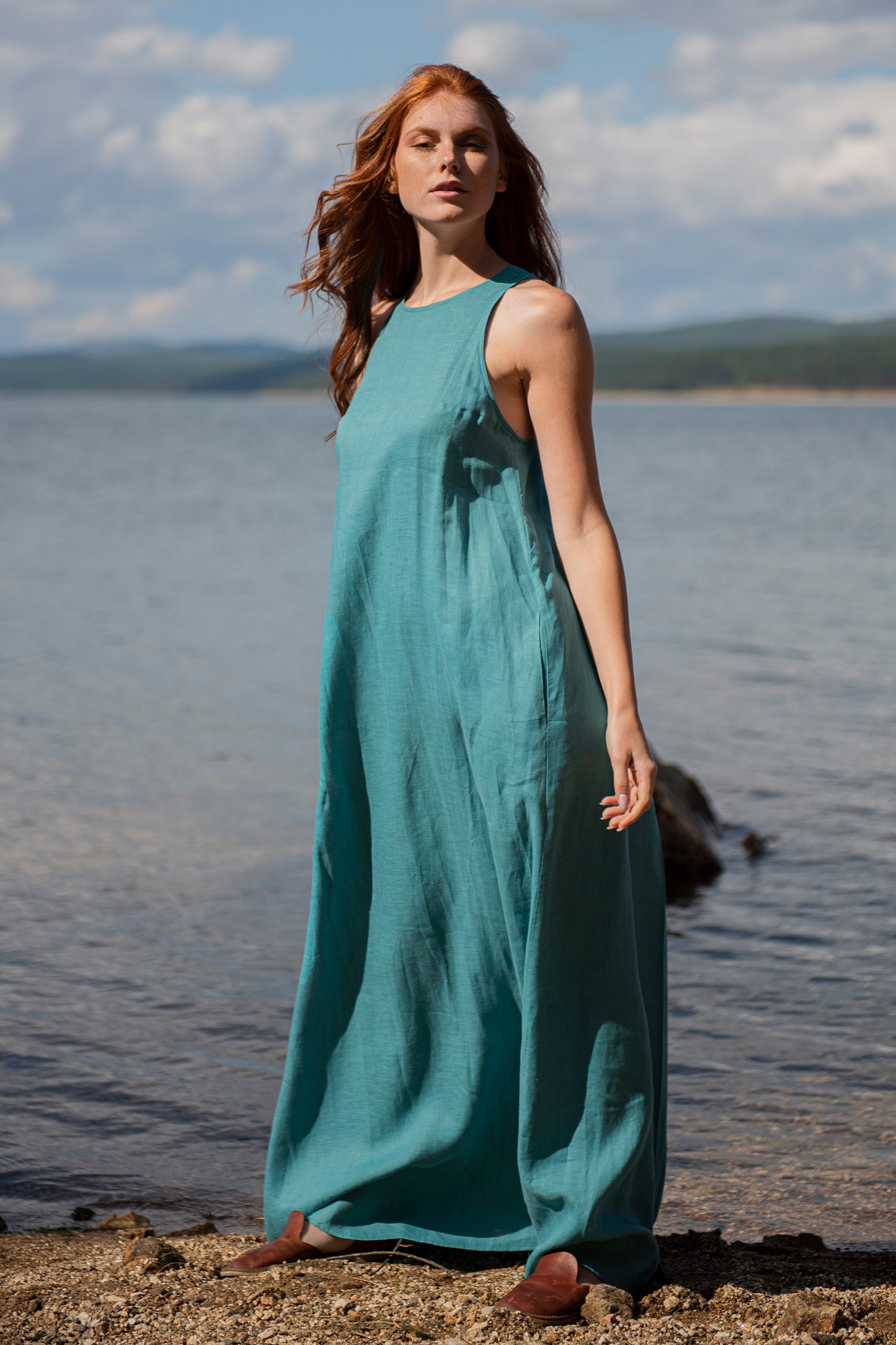 Minimalist Linen Dress with Pleat Detail, VisibleArtShop