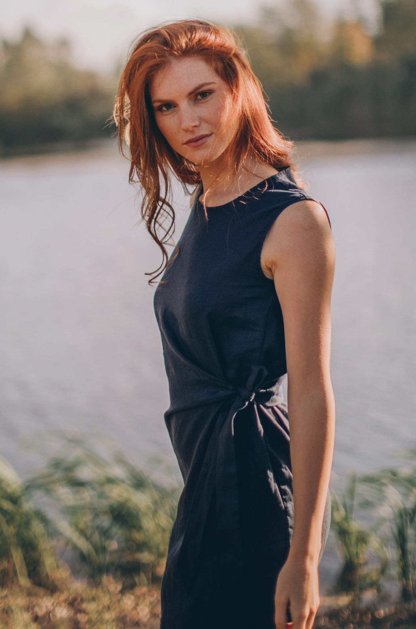 Long Linen Dress with Ruched Waist, VisibleArtShop