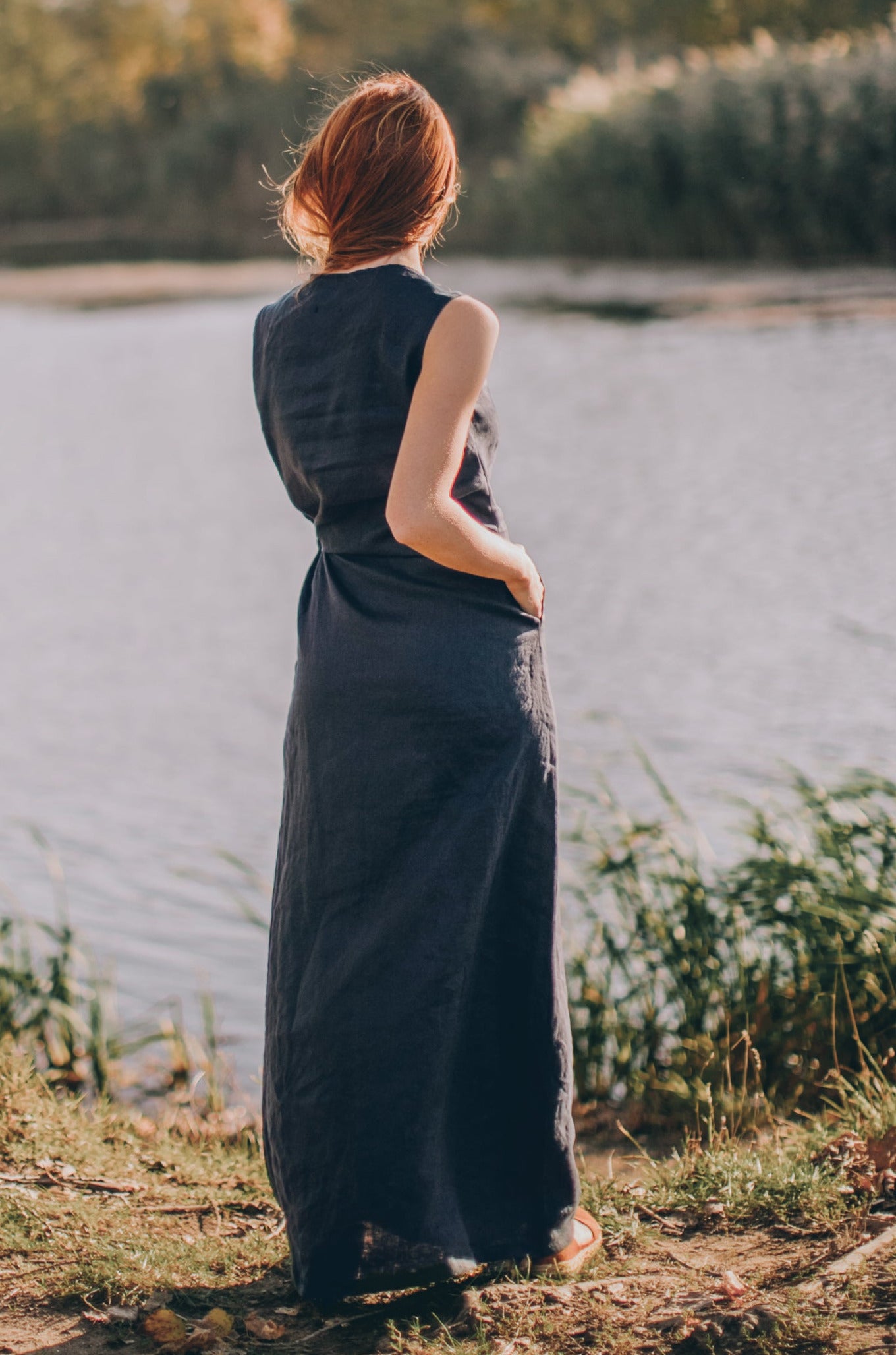 Long Linen Dress with Ruched Waist, VisibleArtShop