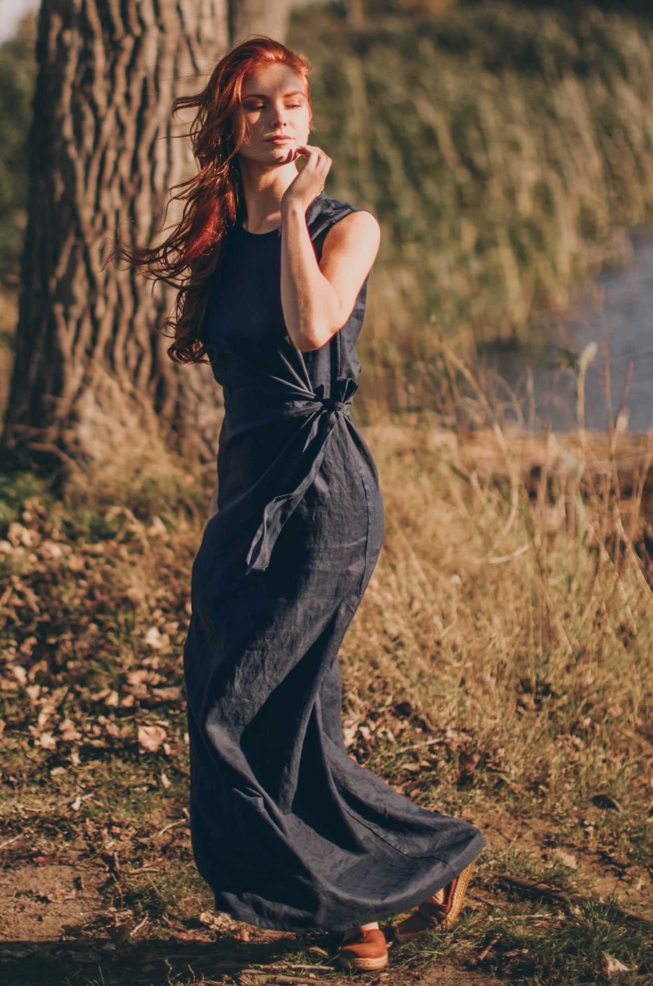 Long Linen Dress with Ruched Waist, VisibleArtShop