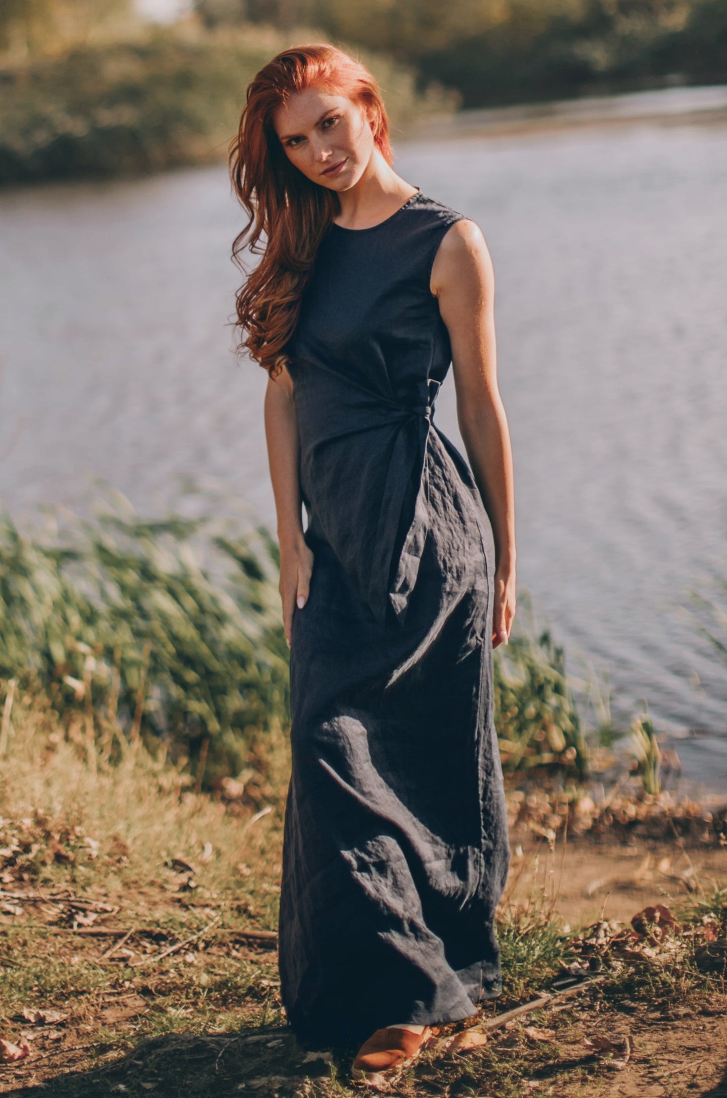 Long Linen Dress with Ruched Waist, VisibleArtShop