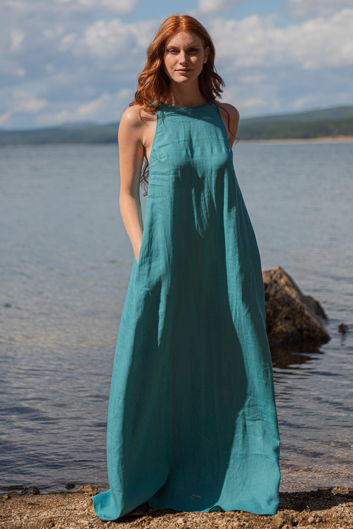 Minimalist Linen Dress with Pleat Detail, VisibleArtShop