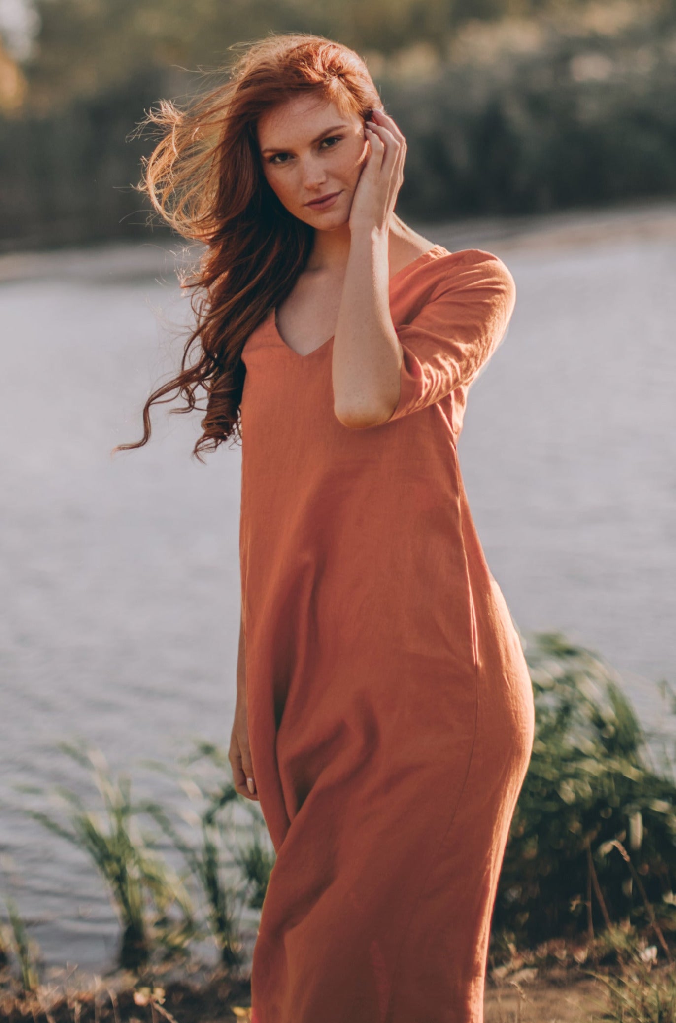 orange linen maxi dress Reiss