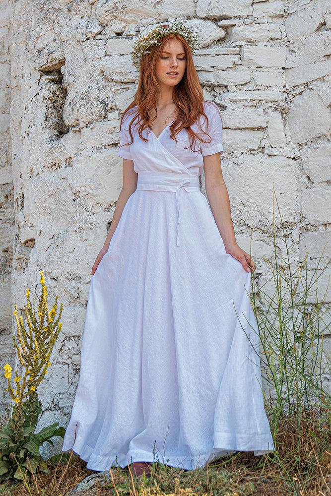 Linen Wrap Dress in White - VisibleArtShop
